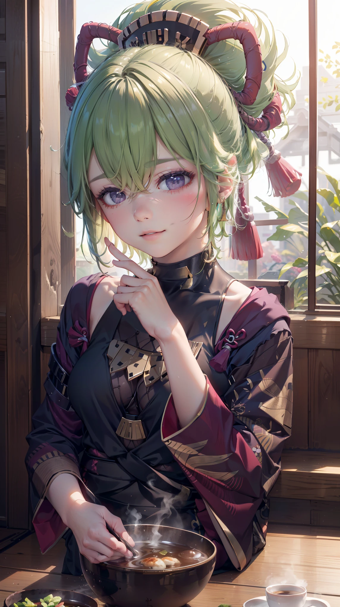 masterpiece,best quality,highly detailed,high resolution,4K,8K,super detailed skin,detailed beautiful eyes,detailed beautiful face,solo,DOA,Tamaki,official art,long eyelashes,dropping eyes,emerald green eyes,mole under eye, emerald green hair,short bob haircut,hairs between eyes,gigantic perky breasts,courtesan outfit,long kimono,japanese hair ornaments,bare shoulders,cowboy shot,from below,