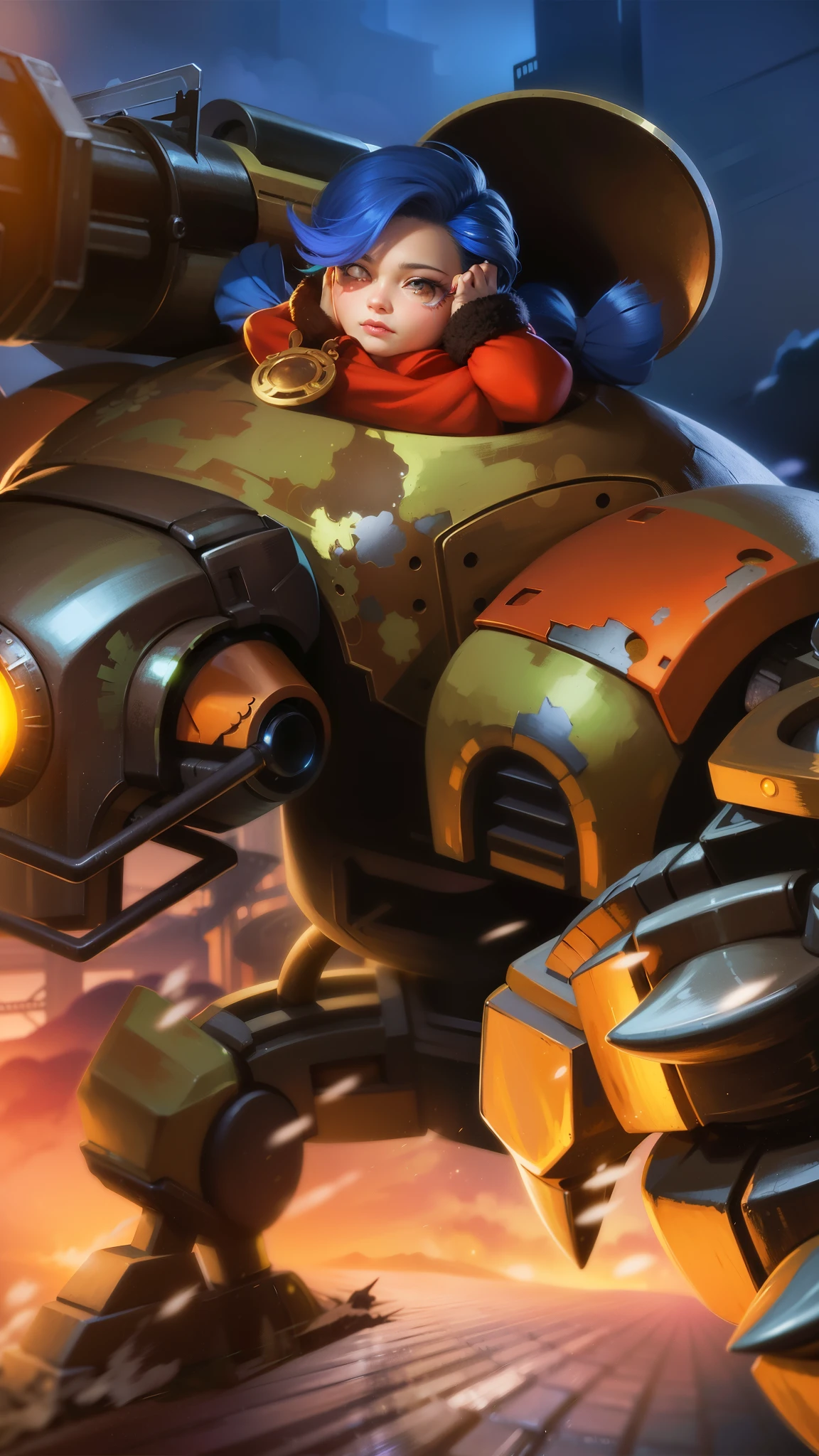 there is a woman riding a giant robot with a light on, orianna, teemo, bastion game, bastion, bastion from overwatch, inspired by Jules Chéret, league of legends style art, teemo from league of legends, battle chasers, g liulian art style, piltover, official splash art, league of legends art style, a close up of a woman wearing a red hood like a ruby ​​wearing a patch over one eye, shadowbringers cinematic, 4 k detail fantasy, a beautiful fantasy empress, game cg, xianxia fantasy, xianxia hero, 2. 5 d cgi anime fantasy artwork, cinematic goddess close shot, ruan jia and artgerm, wow 4 k detail fantasy, hyperdetailed fantasy character.