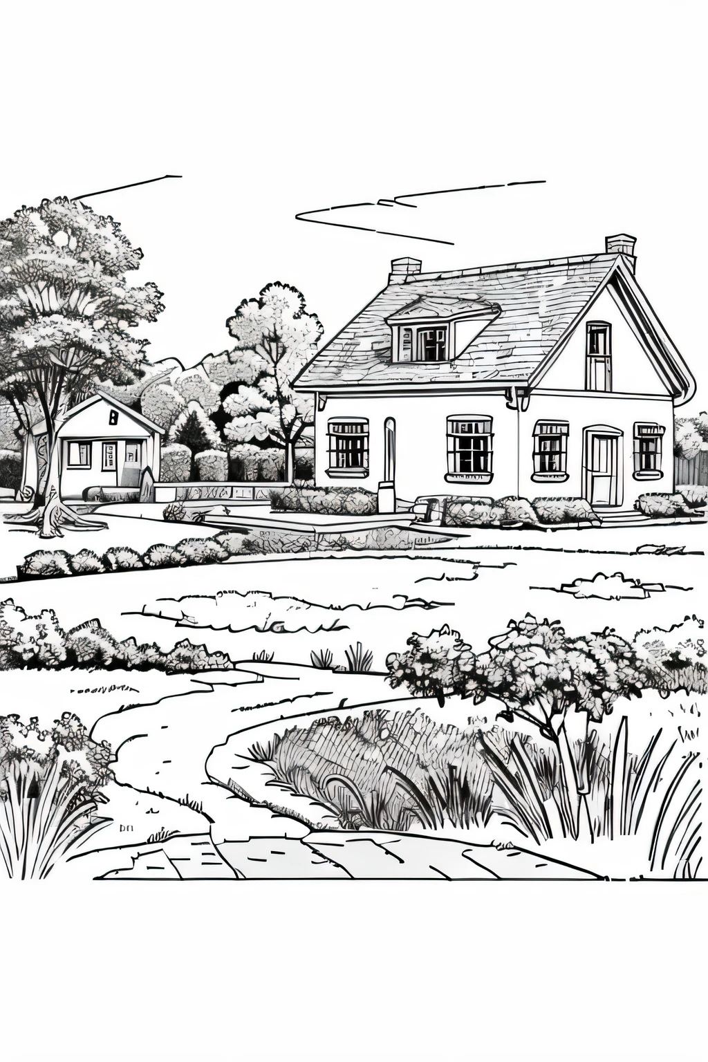 coloring page, de uma casa no campo, estilo de desenho animado, Linhas grossas, (((sem cor))) fundo, apenas linhas.