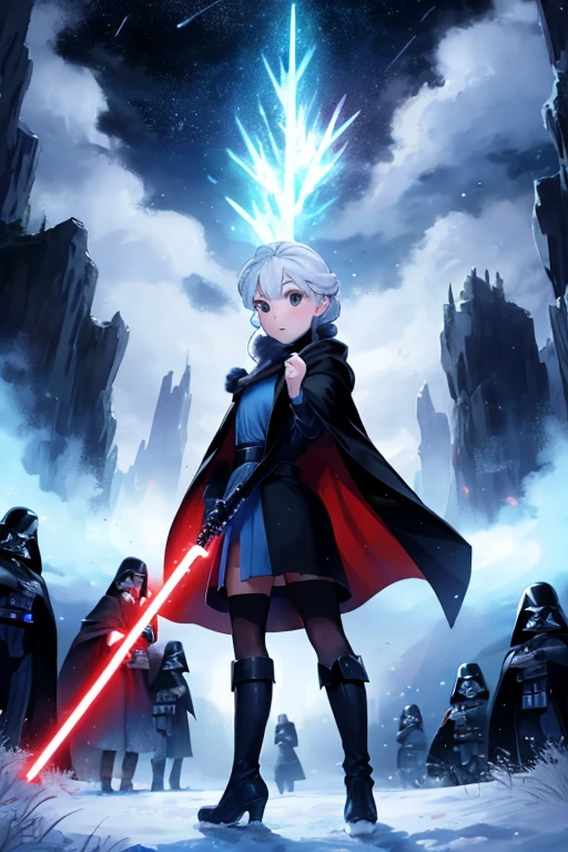 Disney princess from Frozen dressed in a black Sith robe and holding a red Star Wars-style lightsaber in her hands, with the clone army in the background