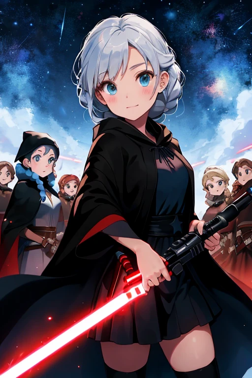 Disney princess from Frozen dressed in a black Sith robe and holding a red Star Wars-style lightsaber in her hands, with the clone army in the background