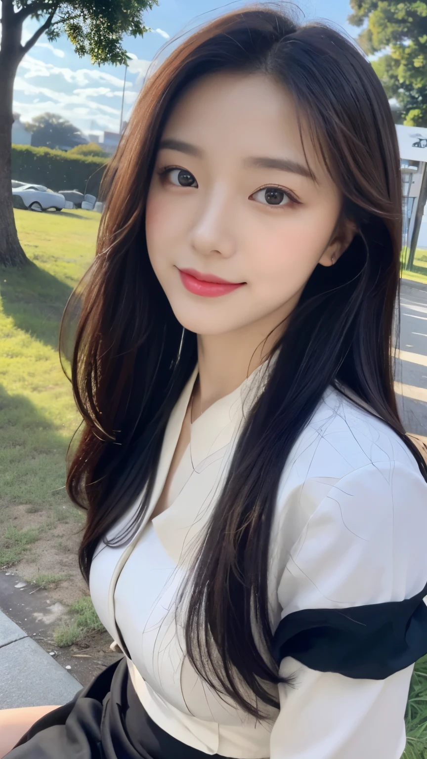 ((top quality、8k、Masterpiece:1.3))、beautiful girl、pure、oval face、Gentle and cute、sweet smile、pure lust、lose weight、(street frontage)、(tilted head)、looking directly at camera、Uniforms、Heart、formal、Black silky long straight hair、long hair shawl、Big, round, black eyes、clear big eyes、moist red lips、Sweet、sitting on the roadside、 Blue sky and white clouds、grassy、architecture、Pick up the president、racing、Luxury cars