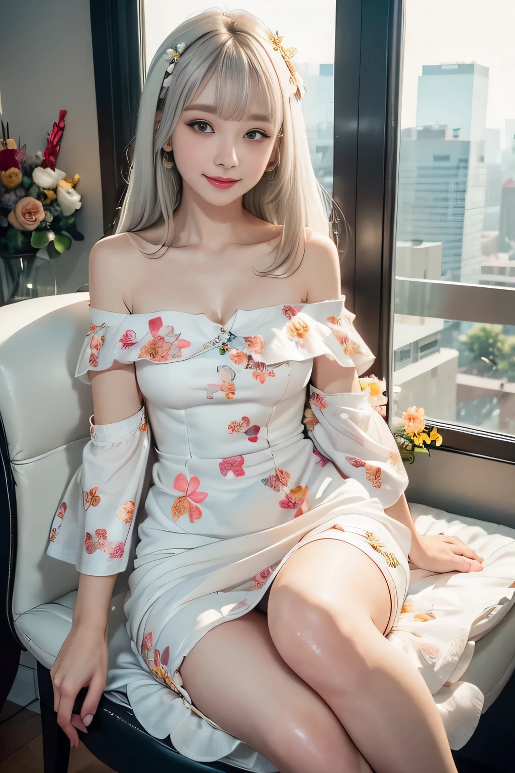 ((Girl sitting on office reception chair and crossing legs)）, silver hair, bangs, 鈍いbangs, long straight hair, aqua eye, long eyelashes, three-dimensional round eyes, compensate, open your mouth, blush, parted lips, bright eyes, smiley, enchanting smile, shine, surrealism, modern、black pantyhose、high heels、（(pure white dress、floral dress、、off shoulder、: 1.6)）、Skyscrapers are hazy in the windows、mix４、(sexy pose）、