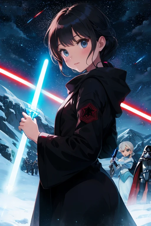 Disney princess from Frozen dressed in a black Sith robe and holding a red Star Wars-style lightsaber in her hands, with the clone army in the background