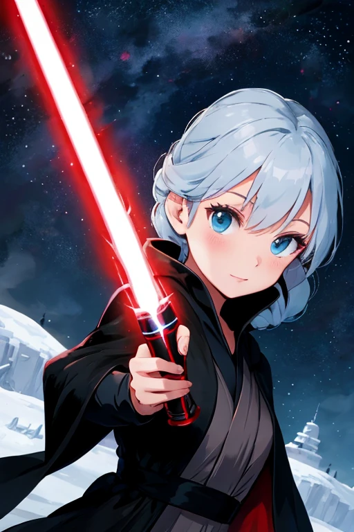 Disney princess from Frozen dressed in a black Sith robe and holding a red Star Wars-style lightsaber in her hands, with the clone army in the background