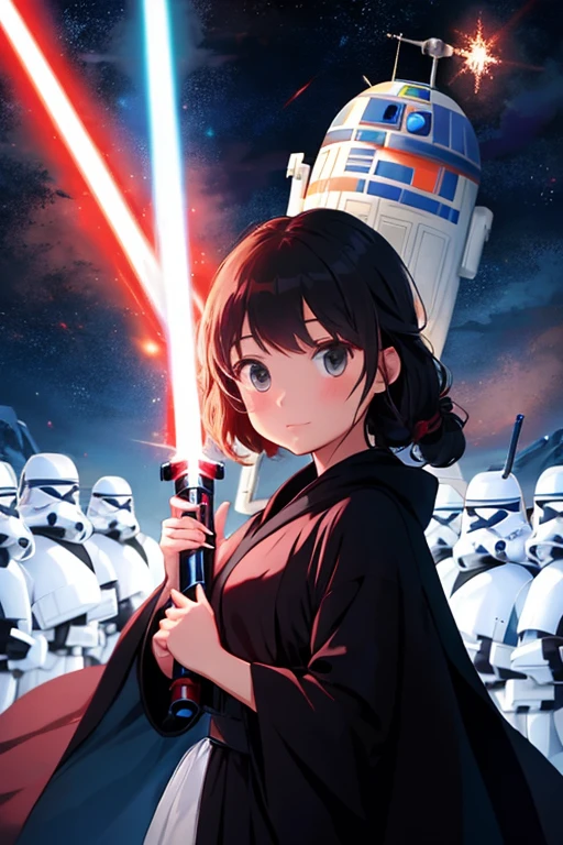 Disney princess from Frozen dressed in a black Sith robe and holding a red Star Wars-style lightsaber in her hands, with the clone army in the background