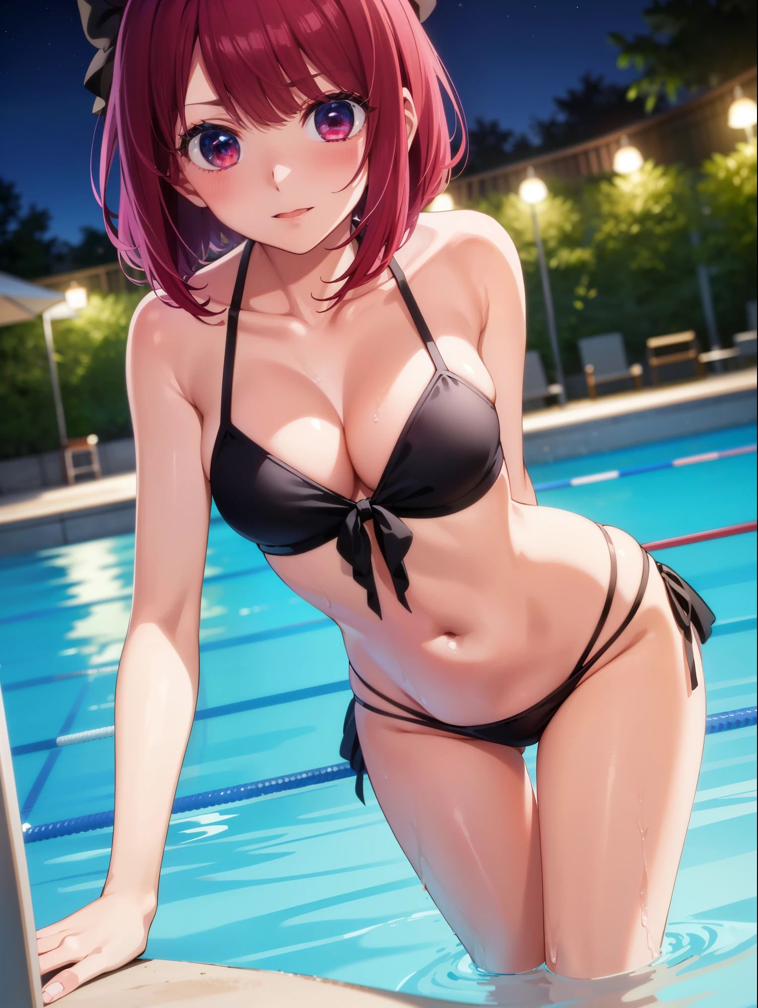 ​masterpiece、ighly detailed、(1 girl in:1.2)、Red hair、((closeup))、8K、short-hair、(((anime styled)))、Shining eyes, cleavage, small , stomach, 1girl, cleavage, masterpiece, best quality, highly detailed, swimming pool, ((lewd expresion)), ((bikini)), (at night), beret