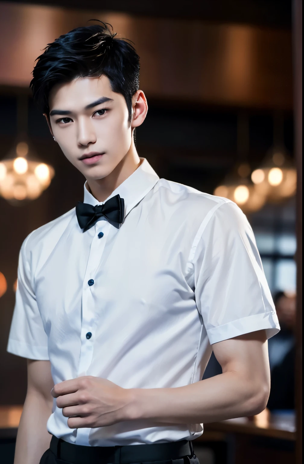 (1man), Asian, young (male:1.5), grey eyes, slender eyes, smile, (((boy in very short hair:1.3))), under_cut, Pompadour, ((formal)), ((handsome, sharp, wild facial features)), (robust muscular body), (robust physique), bokeh, in restaurant