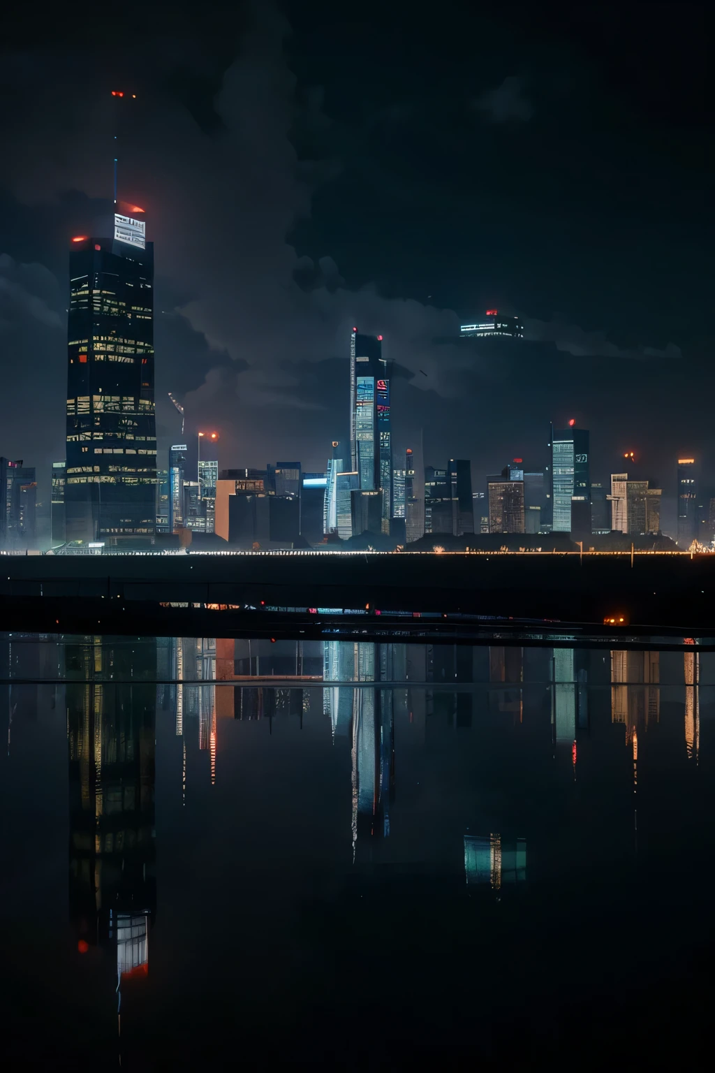 night, city, cyberpunk, many tall buildings, tall houses, rain, 