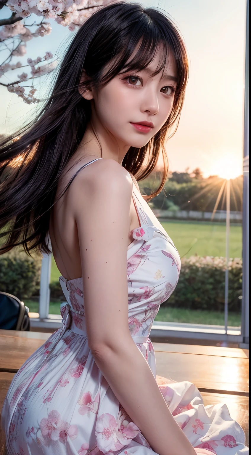 Masterpiece, Best quality, 8k, 18 ans, Photo brute, absurdes, Award-winning portrait, pure, japanese, vibrant poppy field dress lingerie, big breast, (long hair), sun ligthing 