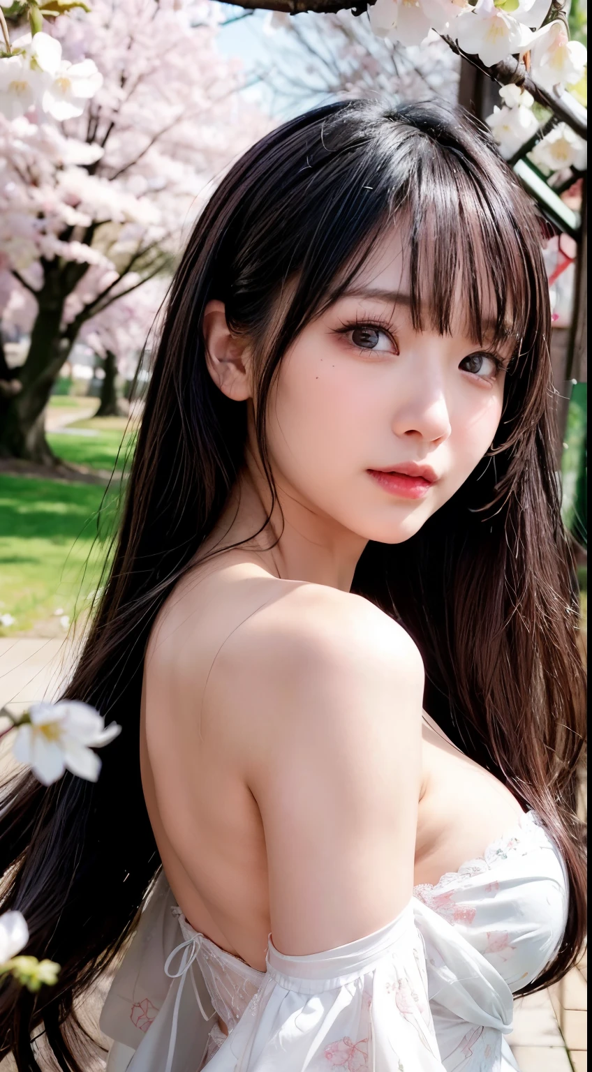 (logo、masterpiece、8K、table top、RAW photo、wonderful、最high quality、フォトリアリスティックでvery detailedな CG 統合 8k 壁紙、high quality、very detailed、narrative poem、particle effects、dynamic effects、Depth of the bounds written、cinematic light、Lens flare、ray tracing)、fantasy、 (1 beautiful woman、dress、dress、cherry blossom pattern、black haired、beautiful face、real face、beautiful details eyes beautiful skin)、髪がWindで踊る、Hair flutters in Wind、hair jump、pink cherry tree、petals dance、SakuraFubuki、wonderful景色、sunrise、sun on background、Wind、