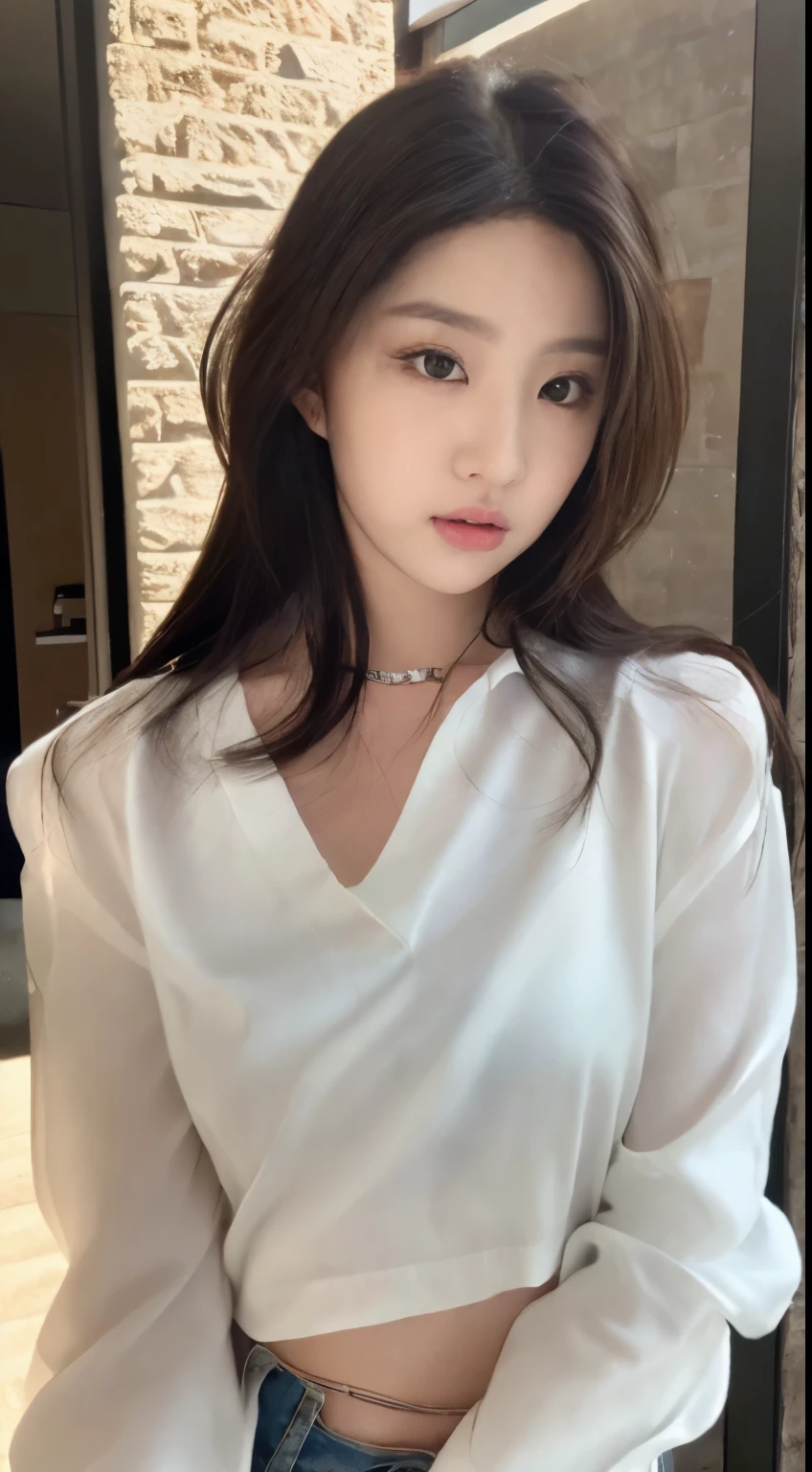 ((Realistic lighting, best quality, 8k, masterpiece: 1.3)), sharp focus: 1.2, 1 girl, Beauty with a perfect body: 1.4, Slim abs: 1.1, ((layered hairstyle)), (White shirt: 1.4), (outdoor: 1.1), Super thin face, beautiful eyes, double eyelids,