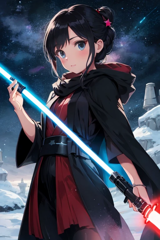Disney princess from Frozen dressed in a black Sith robe and holding a red Star Wars-style lightsaber in her hands, with the clone army in the background