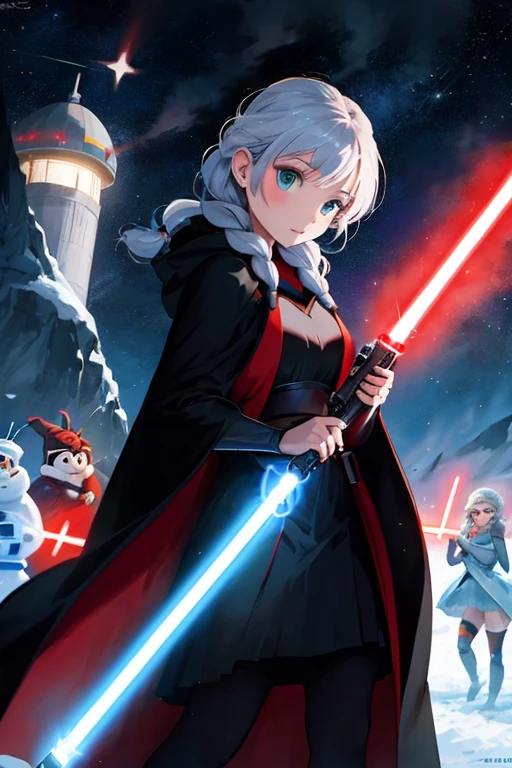 Disney princess from Frozen dressed in a black Sith robe and holding a red Star Wars-style lightsaber in her hands, with the clone army in the background