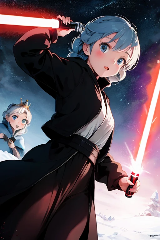 Disney princess from Frozen dressed in a black Sith robe and holding a red Star Wars-style lightsaber in her hands, with the clone army in the background