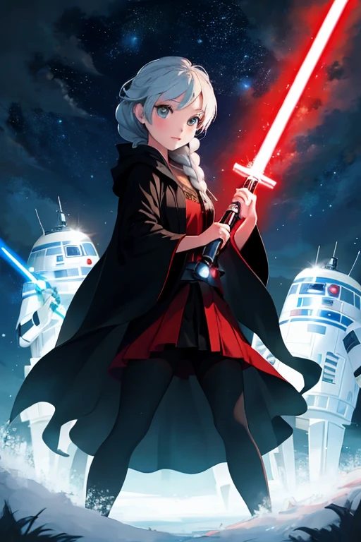Disney princess from Frozen dressed in a black Sith robe and holding a red Star Wars-style lightsaber in her hands, with the clone army in the background