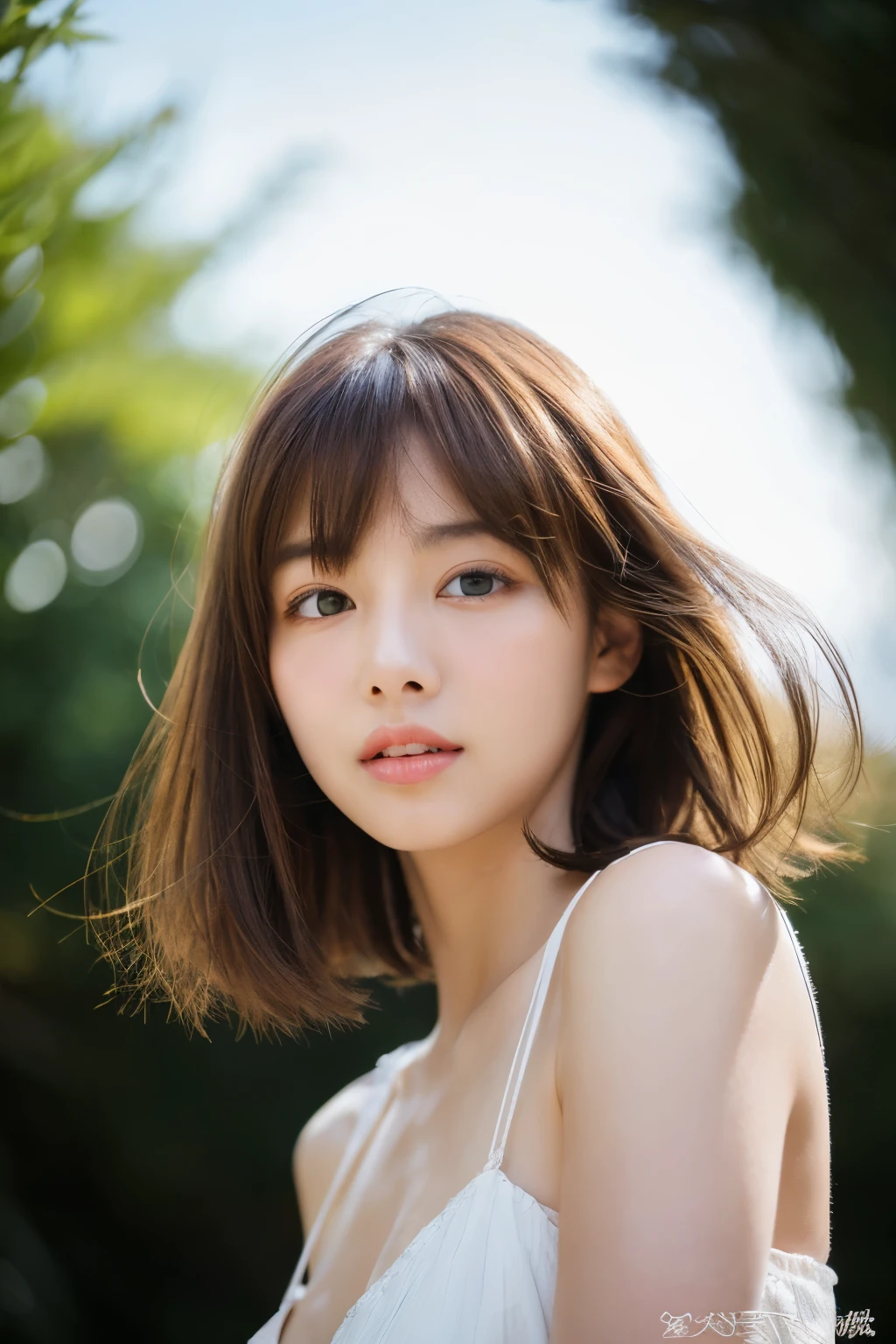 best image quality, expensive、expensive品質, beautiful japanese girl, cute big breasts, detailed eyes, delicate skin, beautiful skin, ultra high resolution, (actual: 1.4),it was beautiful, My face looks a little younger, beautiful skin, elongated, (surreal), (High resolution in image), (8k), (super detailed), (wallpaper), detailed pubic hair, detailed pubic hair face, sad, look straight ahead, look straight ahead, angle above the waist, shoot the real thing, bright light, professional lighting, mature woman, (brown hair, bob hair, layered cut, swaying in the wind, through the bangs),