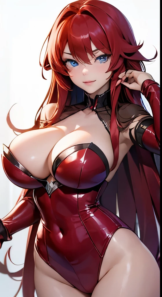 beautiful girl with blue eyes, beautiful smile, seductive eyes, seductive gaze, seduction, (red hair), ((large breasts)), (rias gremory oufit)