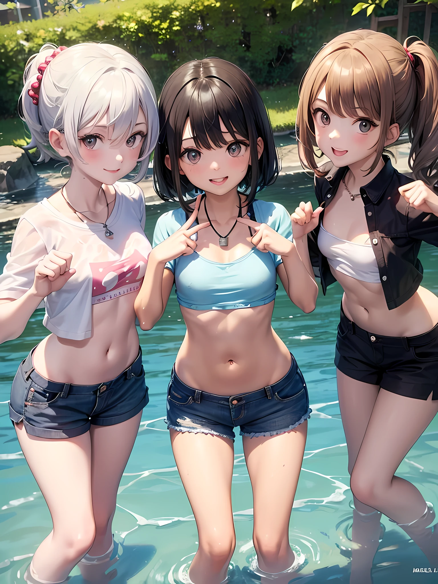 ((highest quality)), ((masterpiece)), (Cute baby girl), (3 girls:1.3), cute three girls are posing for a camera outdoors in the water, shirtをつかむ, Stand in line, (Close-up shot from the knee:1.3), perfect face, smile, (open your mouth and smile:1.3), embarrassed look, (precise fingers:1.3), hair band, head band, hair bobble, blouse, shirt, I can see your underwear, (pastel colored underwear), high resolution eyes, accurate eyes, (high resolution eyes:1.8), (High definition finger 1.8), light smile, small chest, chest, realistic, 4-year-old, 5 years old, 6 years old, 7 years old, knee socks, short skirt, Asian, Westerners, silver hair, brown hair, blonde, belly button, jewelry, looking at the viewer, necklace, water, , Wet, long hair, short hair, abs,