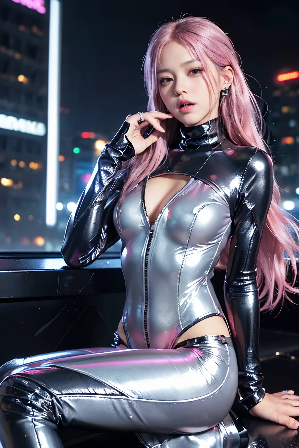 (8K, top-quality, masterpiece:1.2), (reallistic, Photorealsitic:1.37), Super Detail, One girl, (Highly detailed), (beautifully detailed eyes), (of the highest quality), (super detailed), (masterpiece), (Detailed face), 20yr old, 1 girl, ((pink hair,long hair)), medium breasts, clothed, Perfect Lighting, BREAK, (cyber suit:1.4), (very tight suit:1.5), (glossy:1.5), (white and silver stripes or borders:1.3), (shiny leather or metal:1.3), (turtleneck bodysuit:1.5), (leather pants:1.5), (tight and slim silhouette:1.4), (metal belt:1.2), (zipper at the hem:1.2), (high heel boots:1.4), (metal earrings, necklace, bracelet, ring:1.3), BRAKE, (upper body to knee:1.2), (pink long hair on left side, right side behind ear:1.3), (aroused face, naughty face:1.4), (right hand on waist:1.5), (night cyber city scenery, buildings and neon lights:1.3), (silver light from left side, dark on right side:1.2)