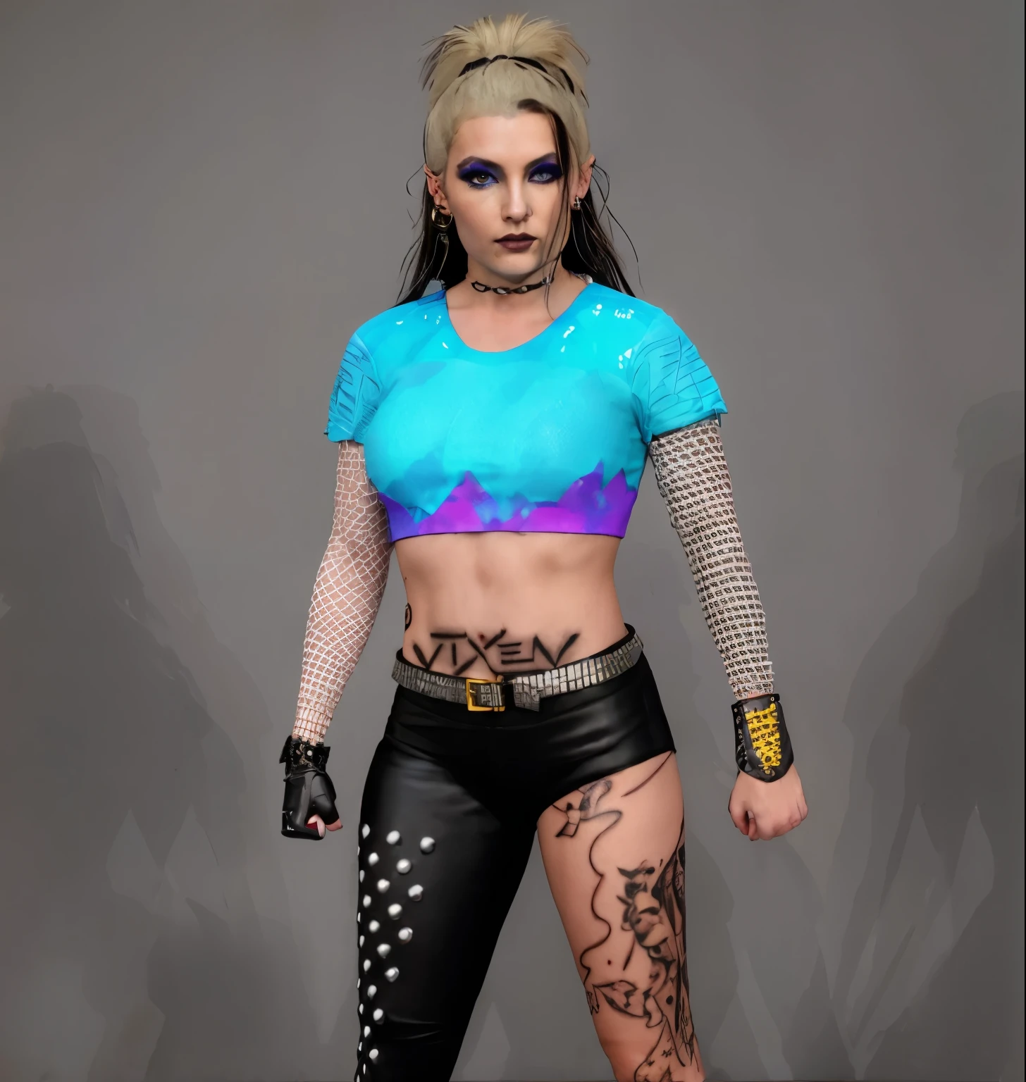 ((masterpiece, best quality)), caucasian woman, blond and black hair, light blue and purple shirt, leg tattoo, stomach tattoo "VIXEN", chain neck tattoo, hoop earring, dark eye makeup, white fishnet arm coverings,black leather tights with metal studs, black leather wrist band with yellow cord, black leather glove, leather stud bracelet, photo realistic, intricate details