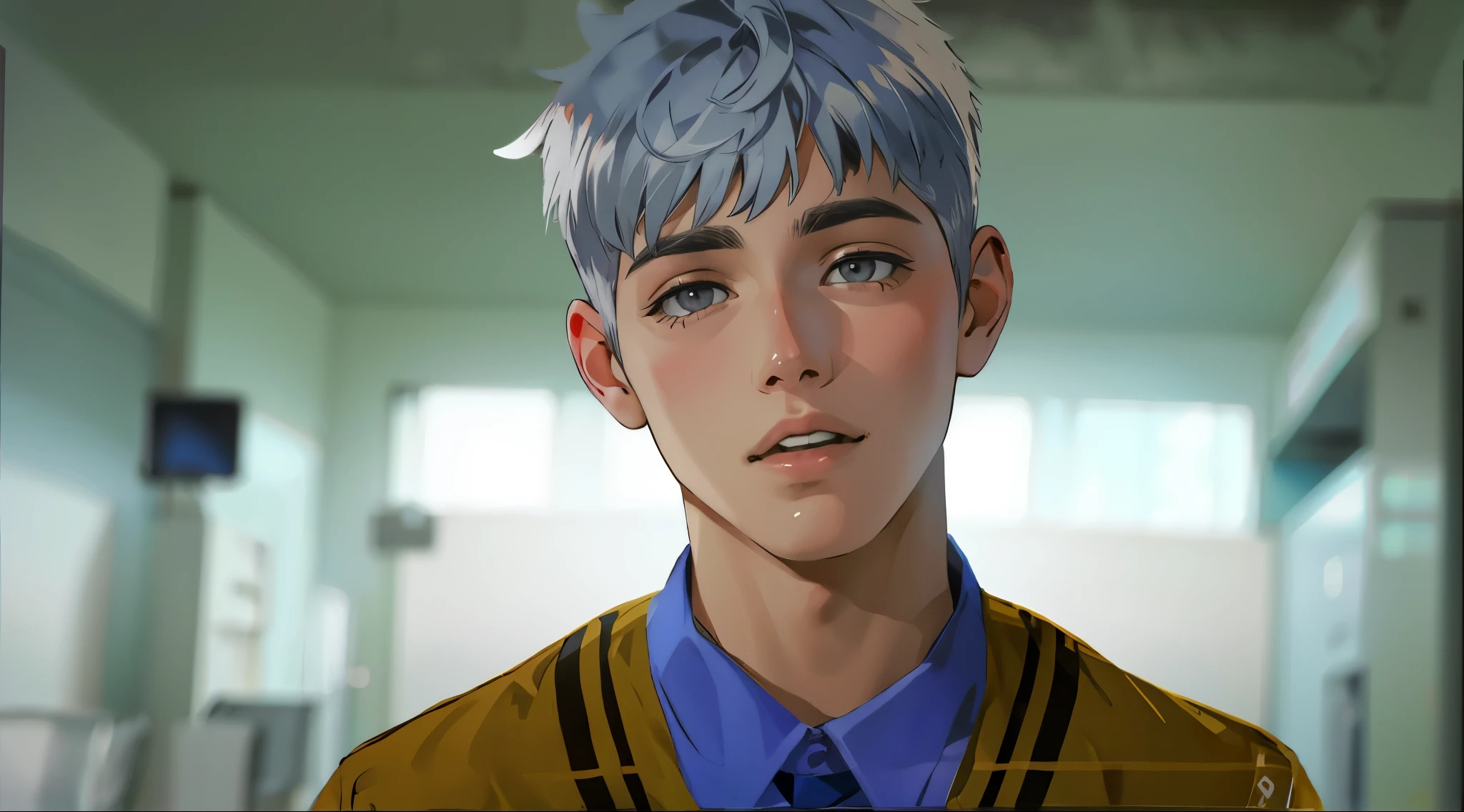18 year old young man silver hair gray eyes is speaking with irony and some hatred
