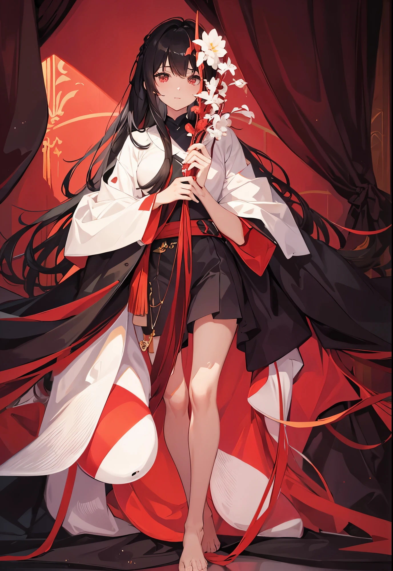 black long hair,barefoot,Leg wrap white long tube,red clothes,