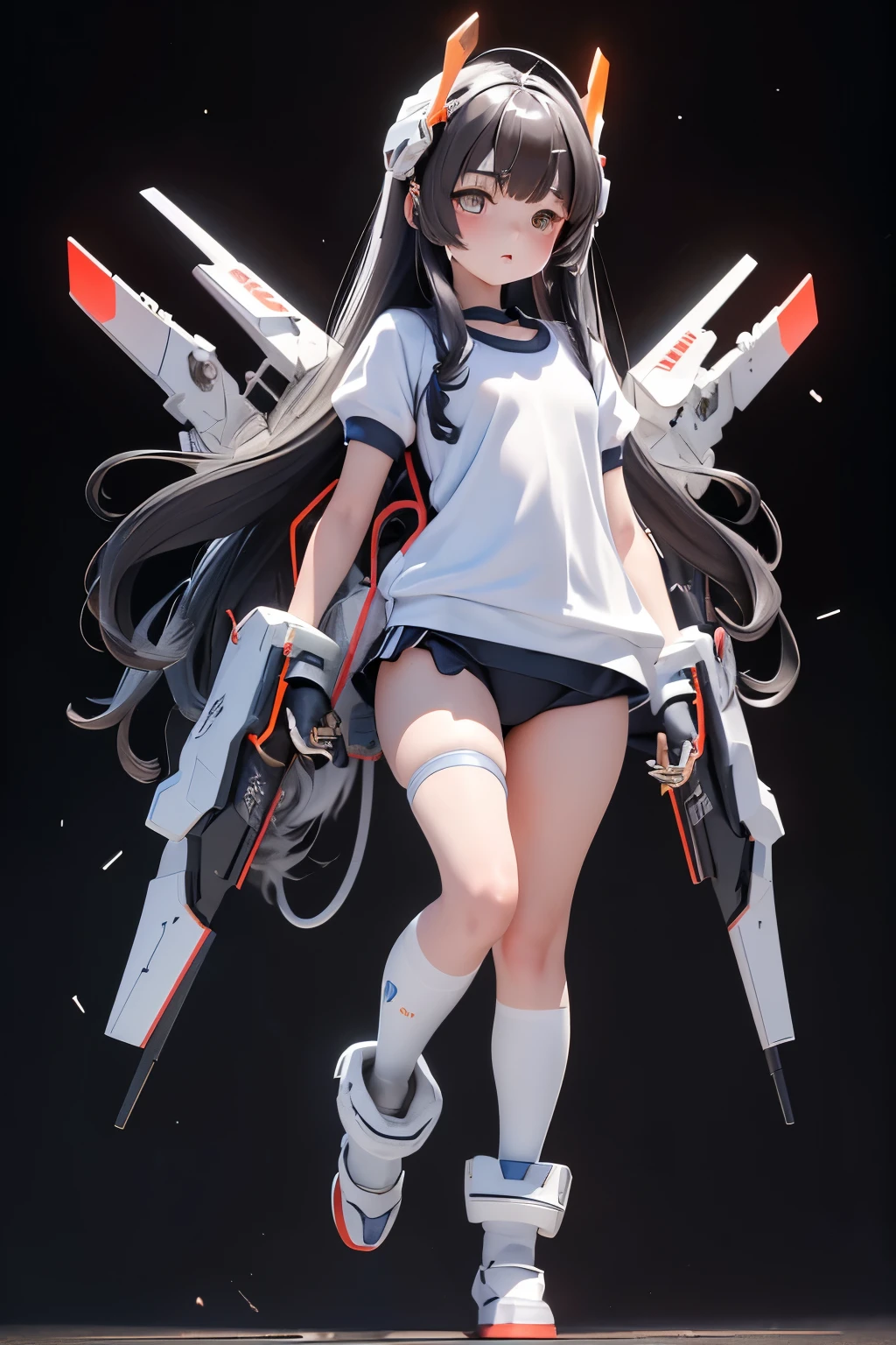 (highest quality)), ((masterpiece)), (very detailed: 1.3), 3D, {(ung girl)}, (wear navy buruma and white gym uniform with colored hem under armor:1.2), (black hair:1.5), wears a futuristic Gundam mecha,(heavy armored Gundam), with headgear, with v-fin , armored shoulders,armored under arms, armored under legs, short sleeve, attached 2 huge weapons on back, legs mounted weapon module, multilayer textureperfect proportions, octane rendering, duotone lighting, Low ISO, wide aperture, White balance, Rule of thirds, ultra HD16k, HDR (High Dynamic Range), Ray Tracing, NVIDIA RTX, Super Resolution, Subsurface Scattering, PBR Texturing, Post Processing, Anisotropic Filtering, Depth of Field, Maximum Clarity and Clarity, High efficiency subpixel, subpixel convolution, particles of light, light scattered, Tyndall effect, full body:1.5, In battle, cute, (cute:1.2), (long hair:1.3),太い眉毛, 薄い色の虹彩, 大きくて輝いている黒い瞳, 長いまつげ, 小さく薄い色の自然な唇, (Average face of Japanese idols), (日本人特有の童顔:1.3), (baby face), 広いおでこ:1.2, ふっくらした頬, 小さな顎, in the hangar,looking at viewer,Focus on the eyes 