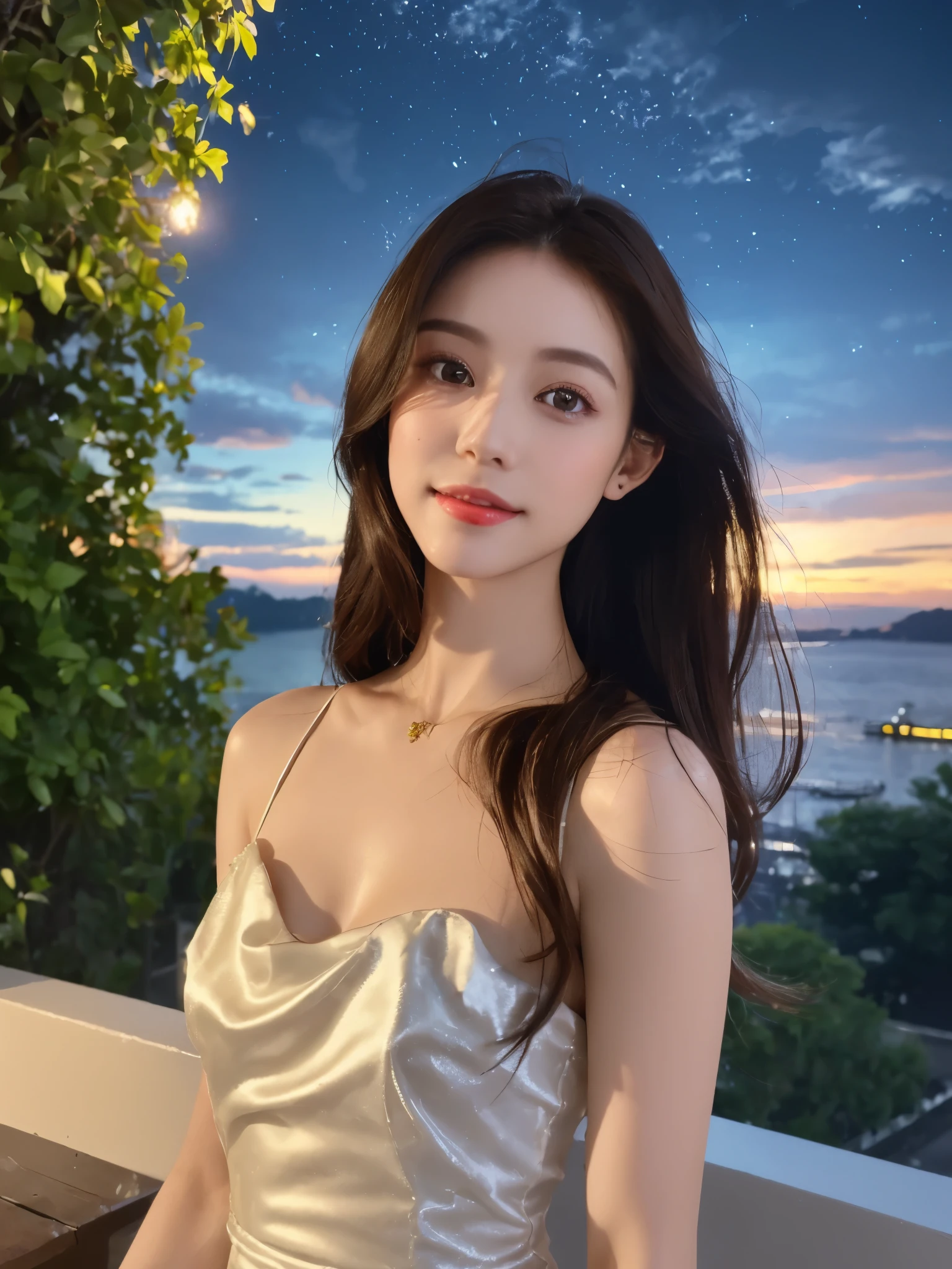 (8k, original photo, lifelike:1.25) ,( lip gloss,glossy finish, Glowing and radiant skin, best quality, ultra high resolution, Color difference, Caustics, wide light, natural shadow) Bringing peace and goddess-like happiness to the audience,(depth of field:1.6), (Colored unfocused lights on background:1.2) ,Makeup is very natural,Cloudy day shooting ，big breasts，slender eyes.Lowered eyes. Her eyes were full of alienation、（Smile:2）Smile，(Gorgeous summer dress)(Fashion professional model)、radio city、medium hair