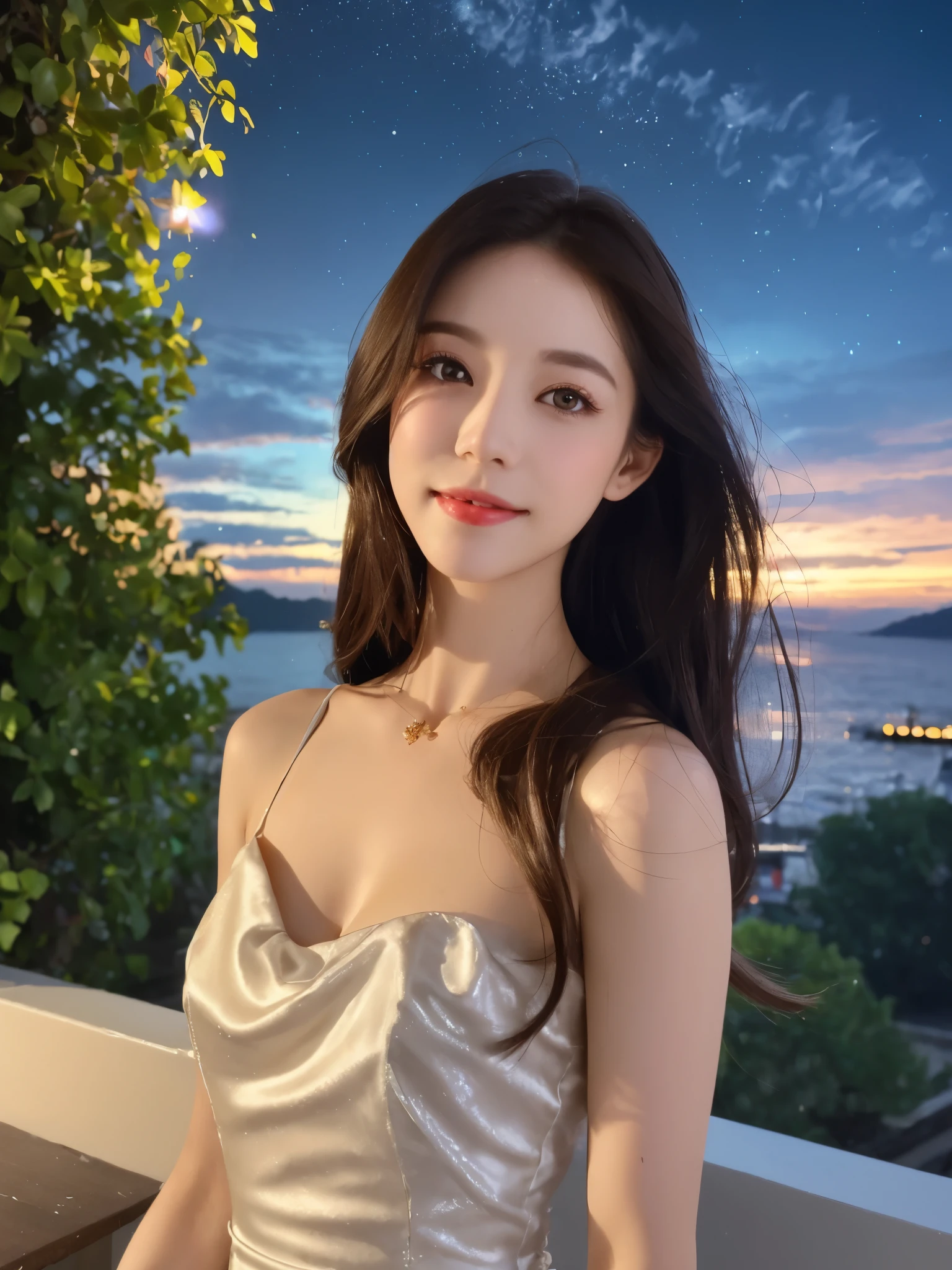 (8k, original photo, lifelike:1.25) ,( lip gloss,glossy finish, Glowing and radiant skin, best quality, ultra high resolution, Color difference, Caustics, wide light, natural shadow) Bringing peace and goddess-like happiness to the audience,(depth of field:1.6), (Colored unfocused lights on background:1.2) ,Makeup is very natural,Cloudy day shooting ,big breasts,slender eyes.Lowered eyes. Her eyes were full of alienation、(Smile:2)Smile,(Gorgeous summer dress)(Fashion professional model)、radio city、medium hair