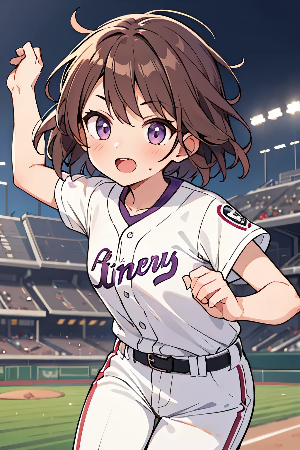 1 girl , short brown hair ,light purple eyes, running,white baseball shirt , Ranking baseball stadiums, Powerful running,8K texture , super resolution , looking at the viewer