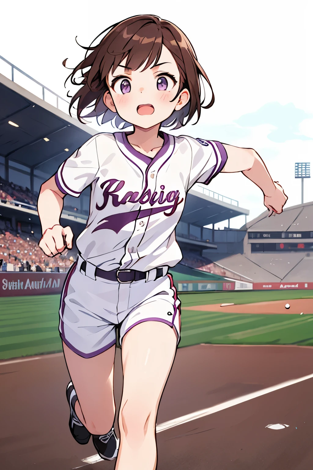 1 girl , short brown hair ,light purple eyes, running,white baseball shirt , Ranking baseball stadiums, Powerful running,8K texture , super resolution , looking at the viewer