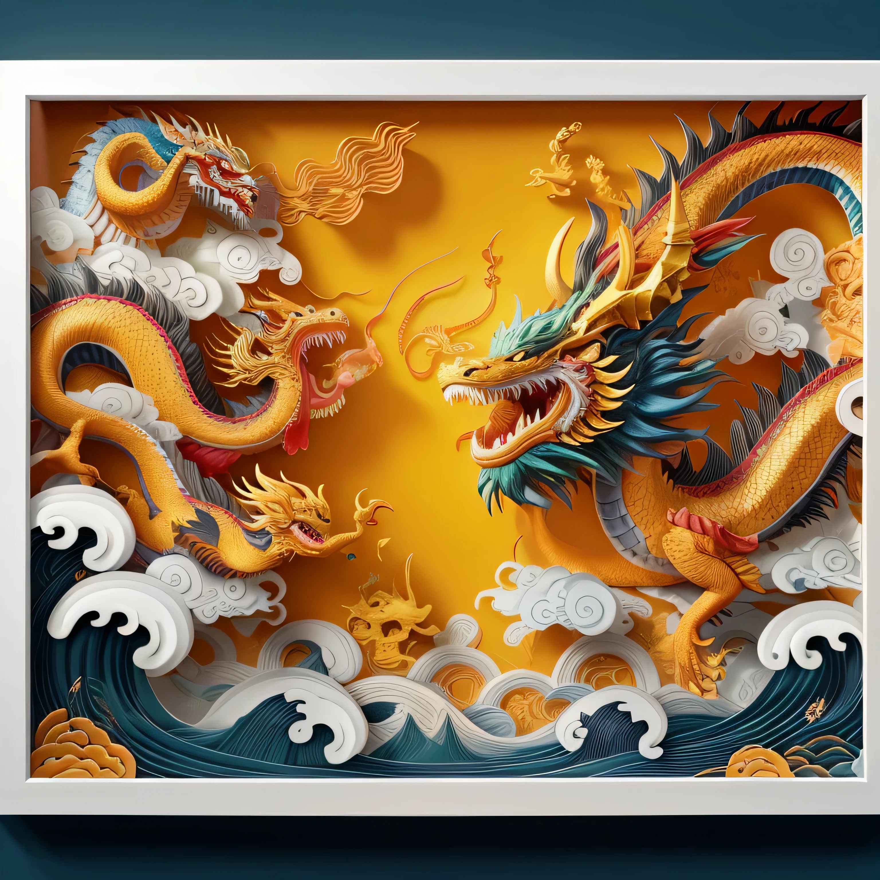 Dragon and waves pictures, Chinese Silk 3D Dragon, Detailed digital 3D art, Highly detailed 3D art, dragon art, Complex 3D illustration, Chinese dragons fighting, unique and complex, Chinese dragon, 3D artwork, Chinese dragon concept art, Wheels within wheels、A colorful masterpiece, The art of meticulous perfection, extremely detailed art