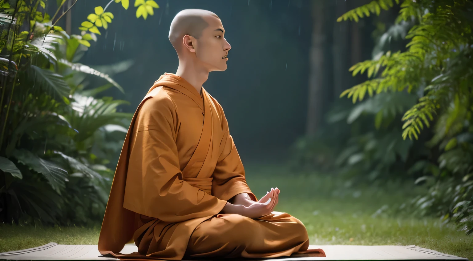 highest quality、highest quality、realistic、unity、8k wallpaper、official art、Highly detailed CG unity 8k wallpaper、Super detailed、High resolution、Physically based rendering、Super detailed,growing up, finely,one young monk, (no hair), (close your eyes:1.1), (meditating), slim face, young monk, highly detailed face, fine eyes, view, blurred background, (Front view:1.3), (monk's robe:1.3), (Sit and meditate in the lotus position:1.3), (Stay away from the camera), (Facing the camera forward), frontage, slim face, In the rainforest, professional lighting, (illuminate the face:1.3)
