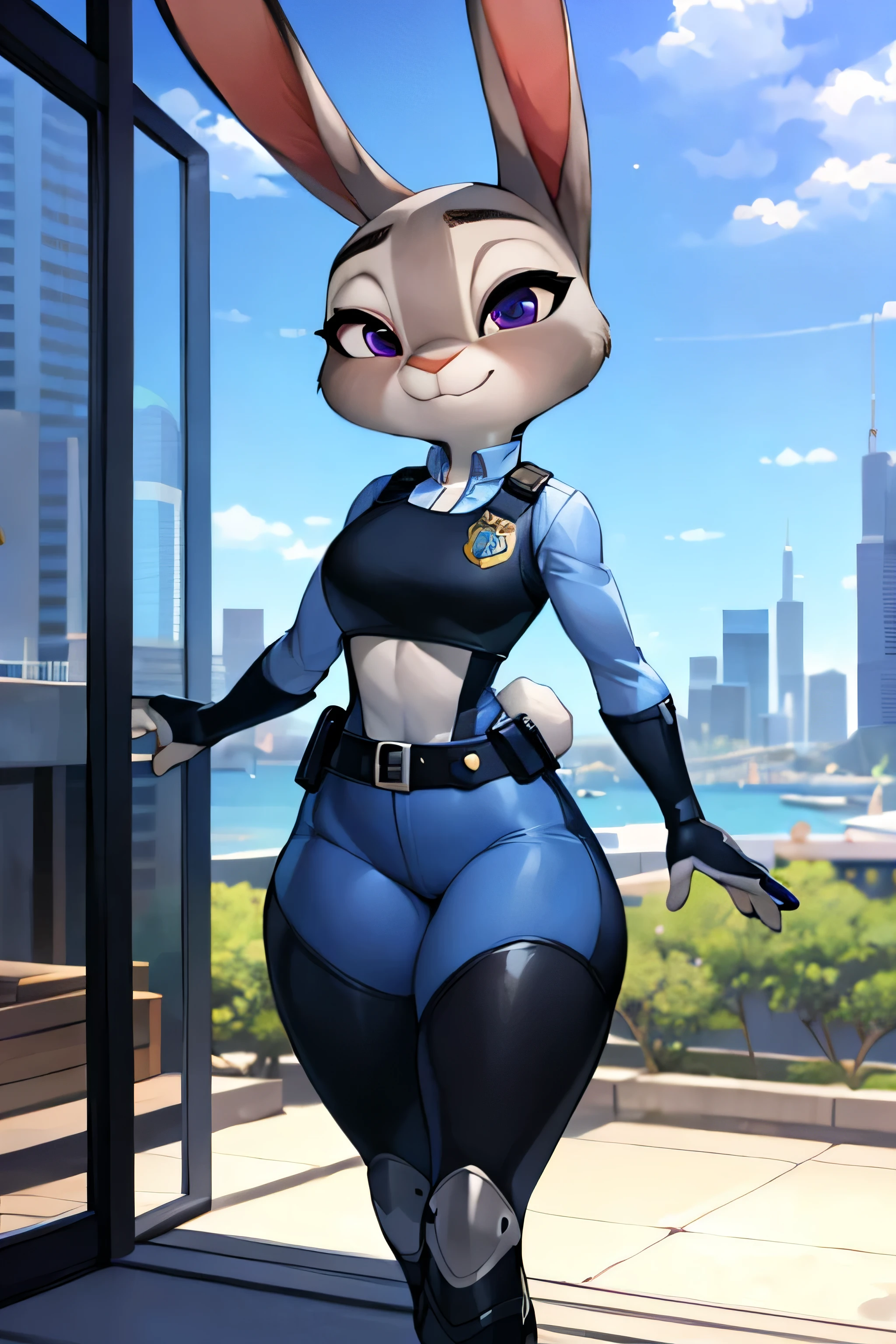 best quality, masterpiece, solo, 1girl, JudyHopps, police uniform,City, modern city, detailed face, good figure