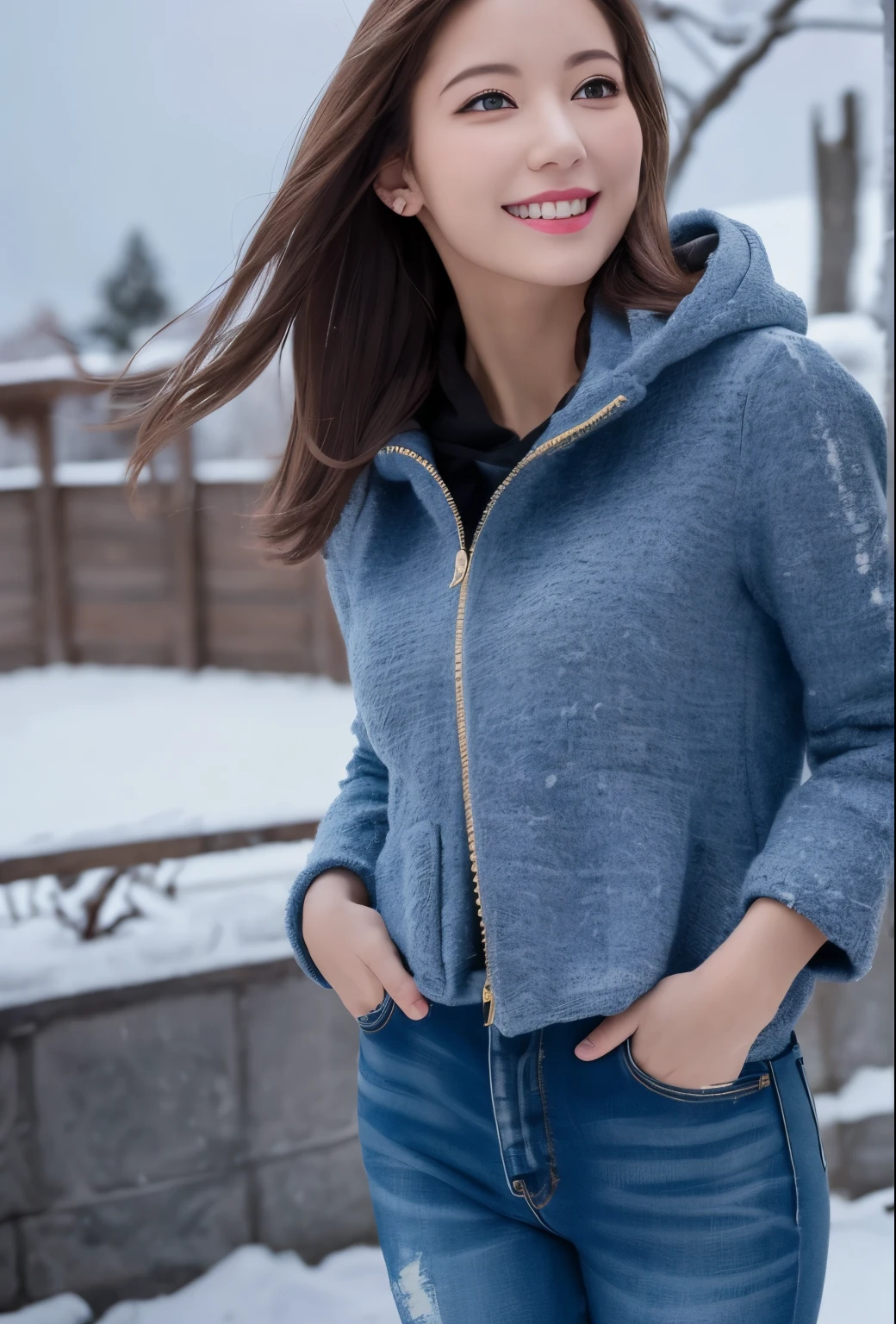 (8k, highest quality, masterpiece: 1.2), (realistic, photorealistic: 1.37), Super detailed, single girl, cute, alone, beautiful and detailed sky, snow scene, walking, jeans and boots, (smile: 1.15), small breasts (closed your mouth), beautiful small eyes, Floating hair NovaFrogStyle, hooded coat