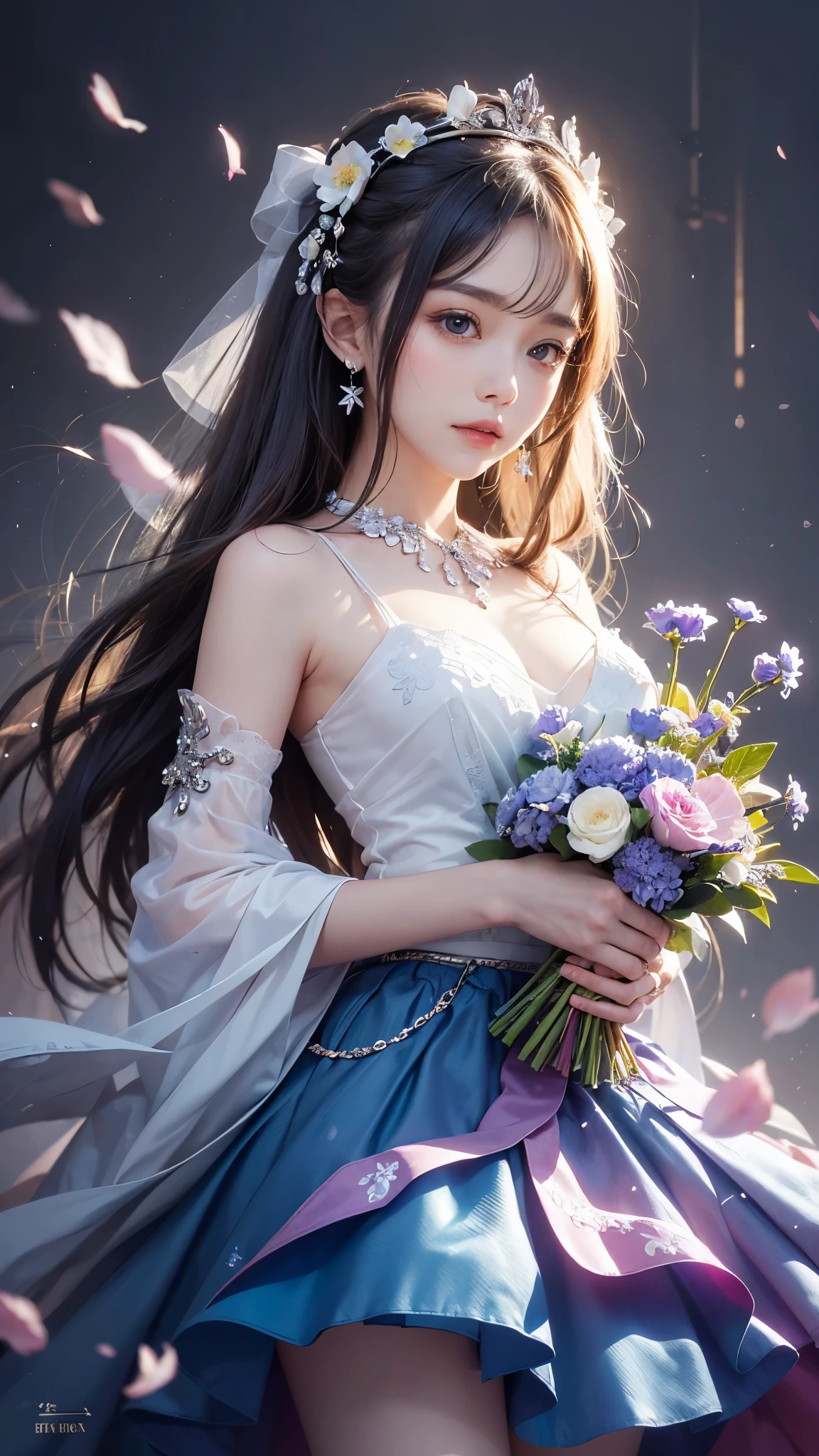 1 girl, long hair, flower, Lisianthus, in the style of Silver and light azure, dreamy romantic work, Silver, Fantastic leaves, playful arrangement, fantasy, high contrast, ink stroke, explosion, exposed exposed, Silver and pink tone impression, abstract, attractive pose,