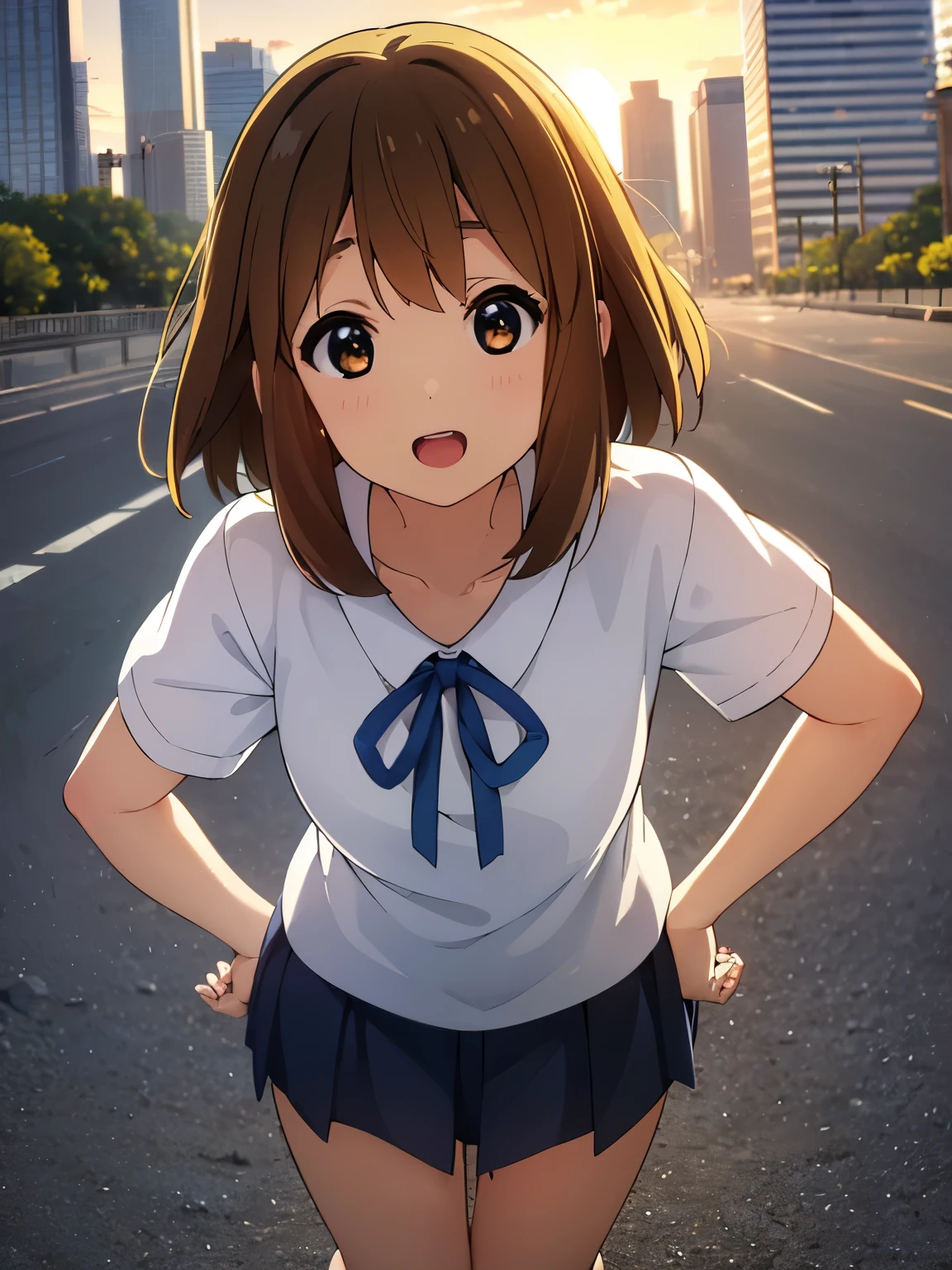 1girl, (((​masterpiece))), top-quality, top-quality, High Details, Hirasawa Yui, 1girl, two yellow hairpin, short hair, A brown-haired, brown-eyed, 独奏, school clothes, underwear, bikini, thin blue ribbon, full body, full image, rainy weather, illustratio, comic strip, soothing tones, Subdued Color, Soft cinematic light, adobe lightroom, photolab, HDR, intricately and hyper-detailed、(((depth of fields))))。(((​masterpiece)))。(((top-quality))).)((ultra-detailliert)))。(((illustratio)))。(((takeout))).dynamic focus.big breasts.(((Skyscrapers))).(((A city scape))).(((Face of happiness))). open mouth.(((put hands on the hip))).(((up chest))).((afternoon glow)).((the setting sun)).