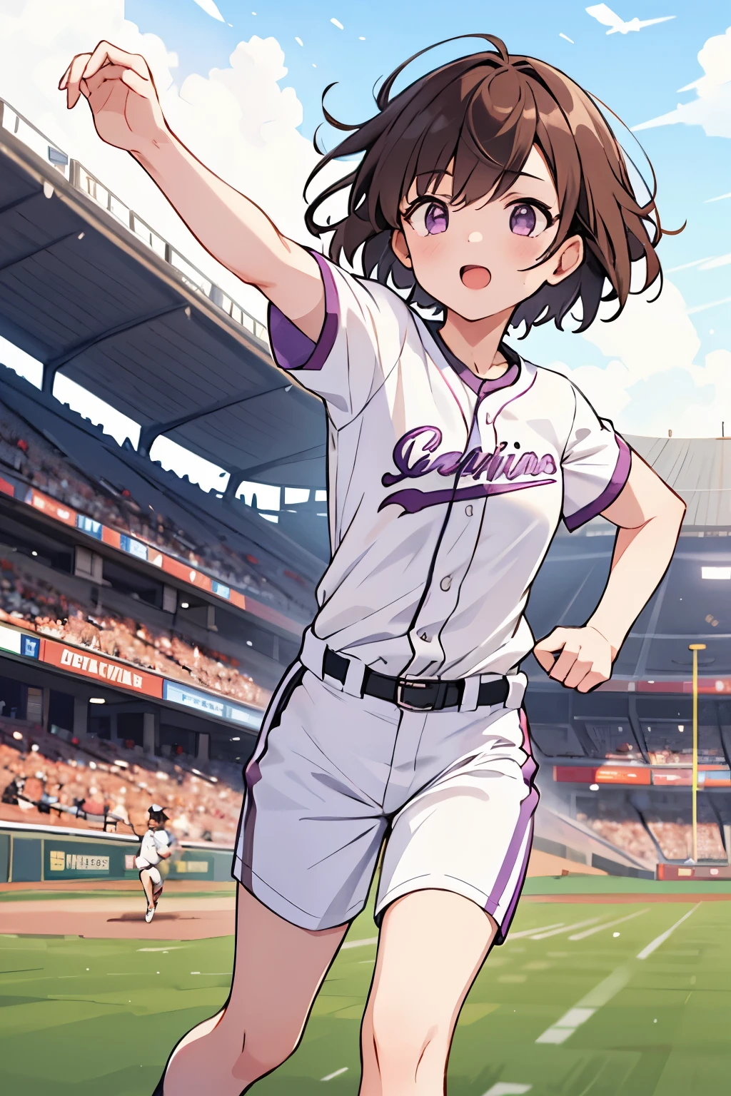 1 girl , short brown hair ,light purple eyes, running,white baseball shirt , Ranking baseball stadiums, Powerful running,8K texture , super resolution , looking at the viewer