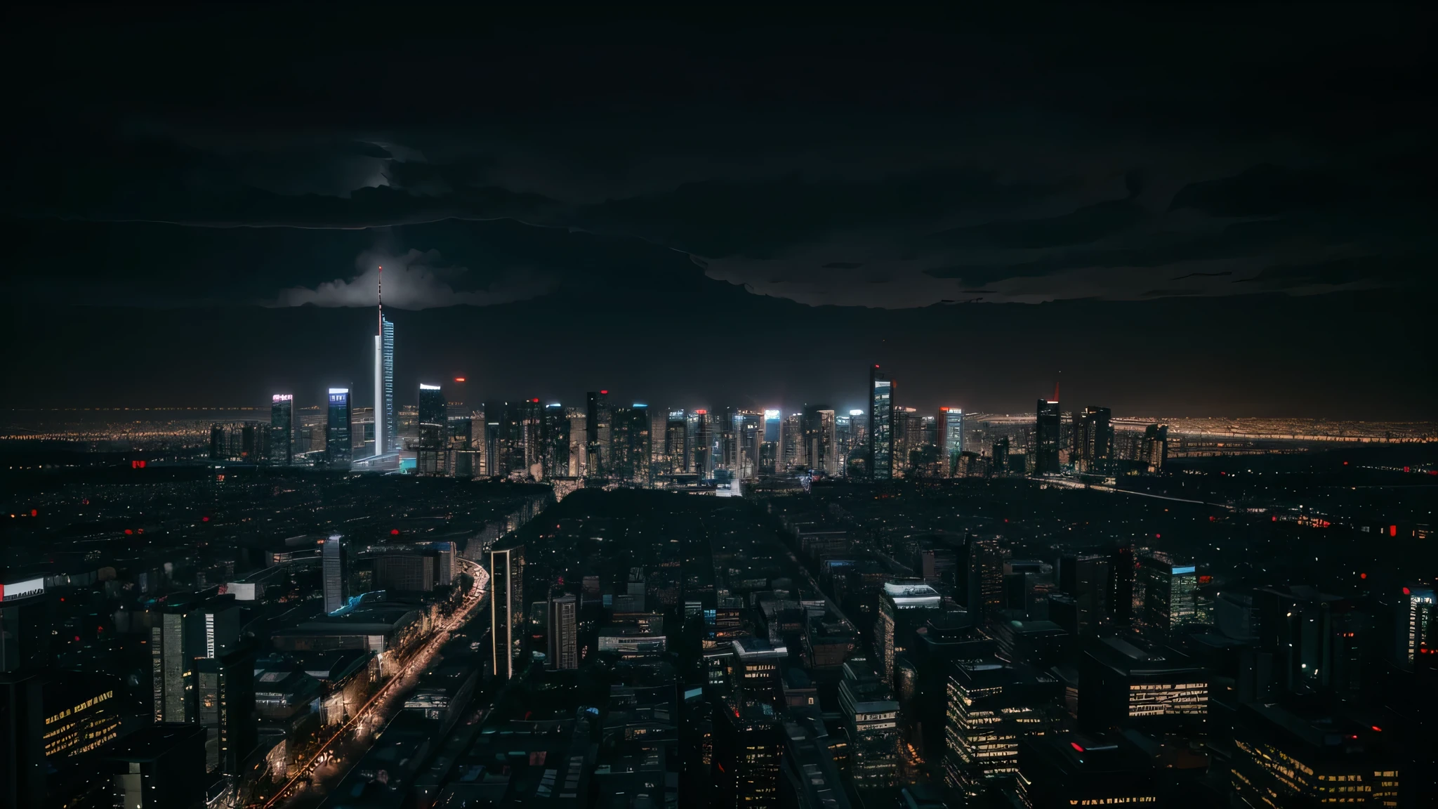 night, city, cyberpunk, high quality, many tall buildings, shower