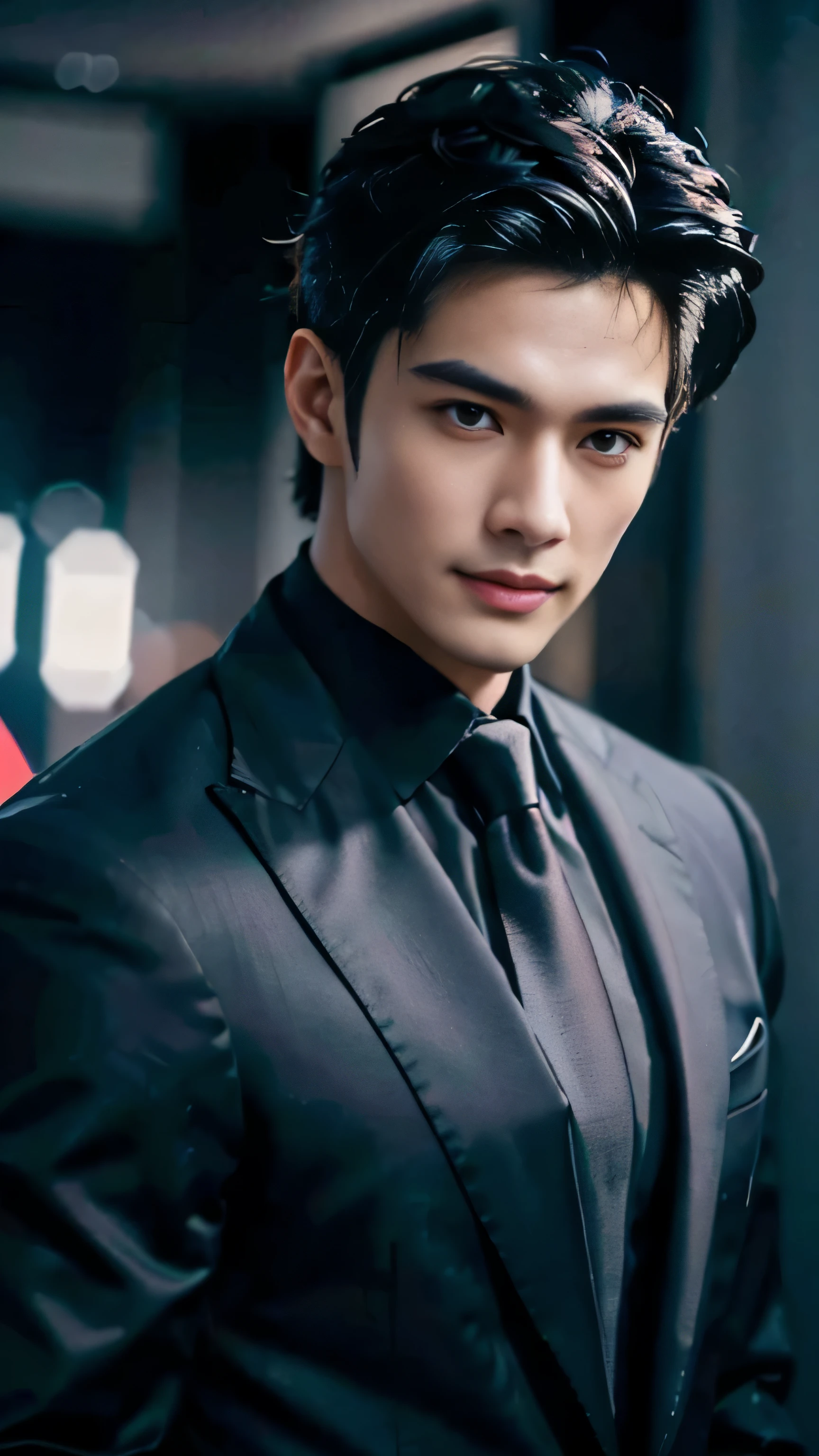 ((Men)), (head shot), (frontal face), (half body view), (Handsome muscular man in his 30s wearing black luxury suit with black necktie), zi wang (prince chiu), Mischievous smile, (detail: 1 in 1), Natural muscles, HIG quality, beautiful eyes, (Detailed face and eyes), (Face、: 1 / 2), Noise, Real Photographics, ... ...................................................................................................PSD, Sharp Focus, High resolution (8K), realistic & Professional Photography, 8K UHD, Soft lighting, High quality, Film grain, FujifilmXT3