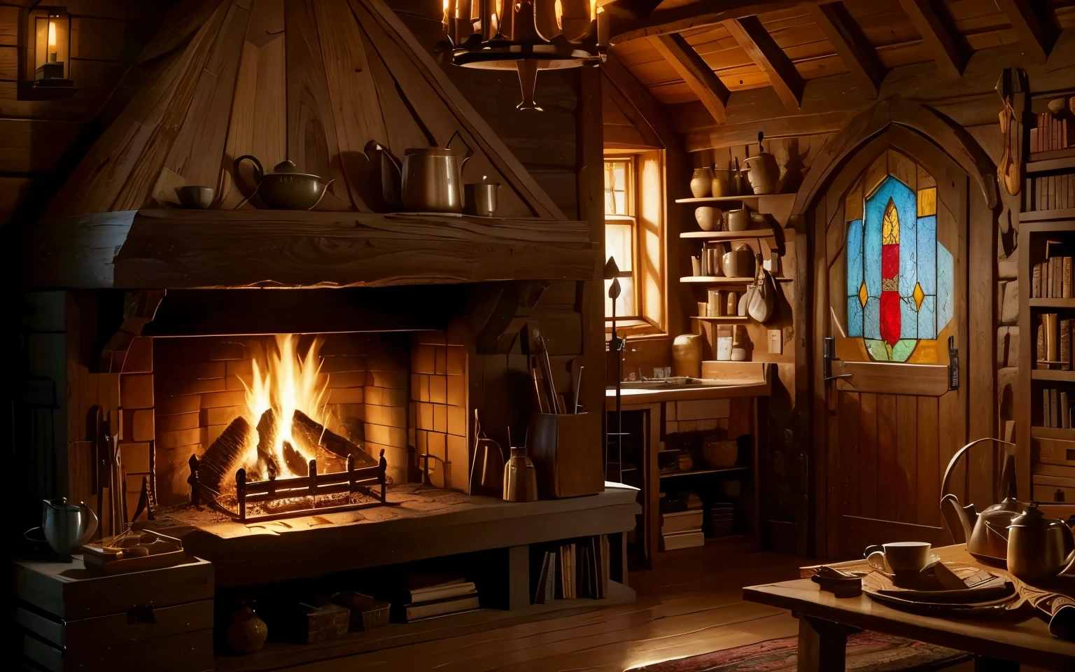 large fireplace at hobbit wooden house. A room full of objects, a table with goods, kettle and coffe cup, a bookshel aside the fireplace, and at the end, a pretty stained glass, a room of detailed objects (DO IT BETTER, MORE DETAILED)