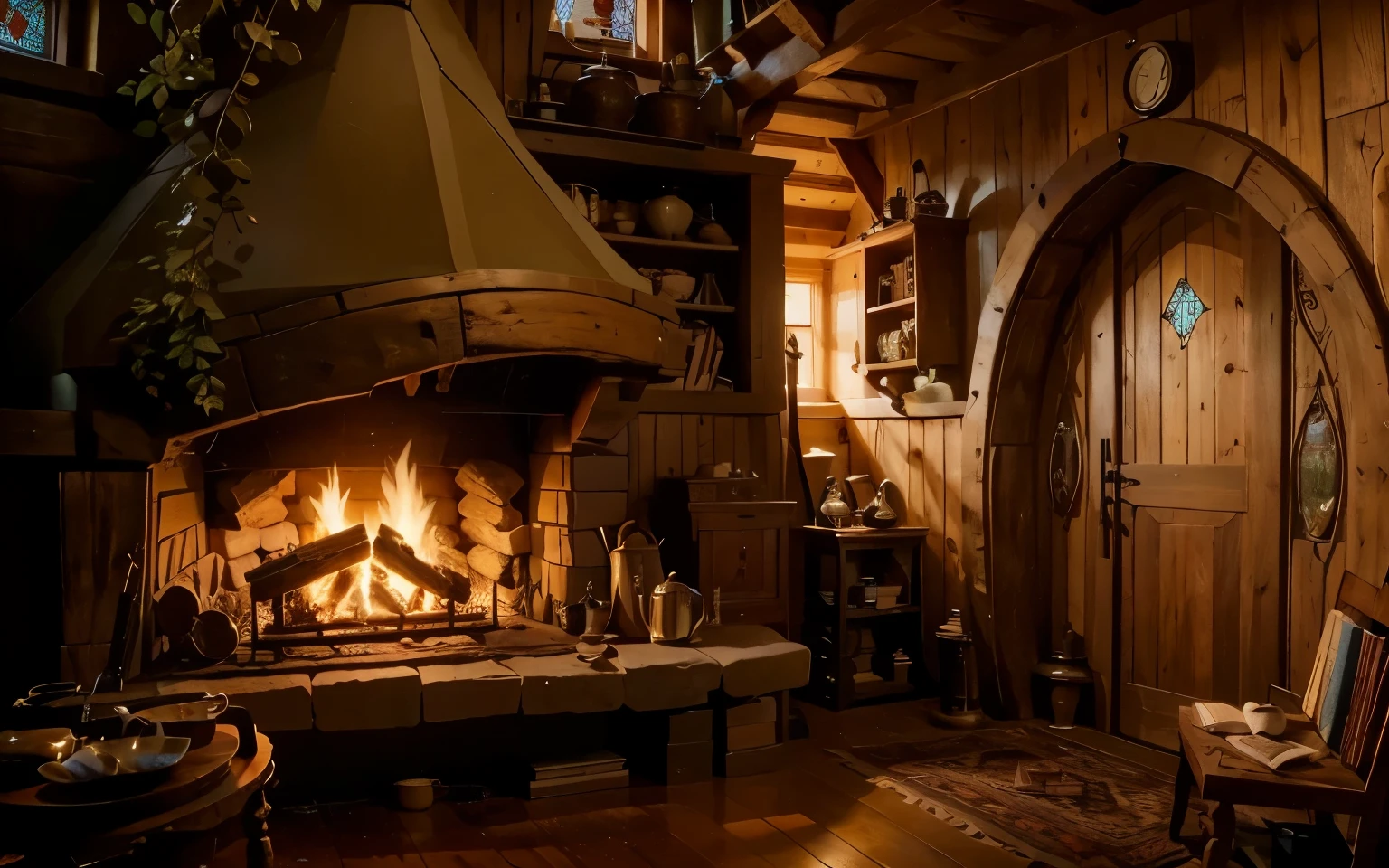 large fireplace at hobbit wooden house. A room full of objects, a table with goods, kettle and coffe cup, a bookshel aside the fireplace, and at the end, a pretty stained glass, a room of detailed objects (DO IT BETTER, MORE DETAILED)