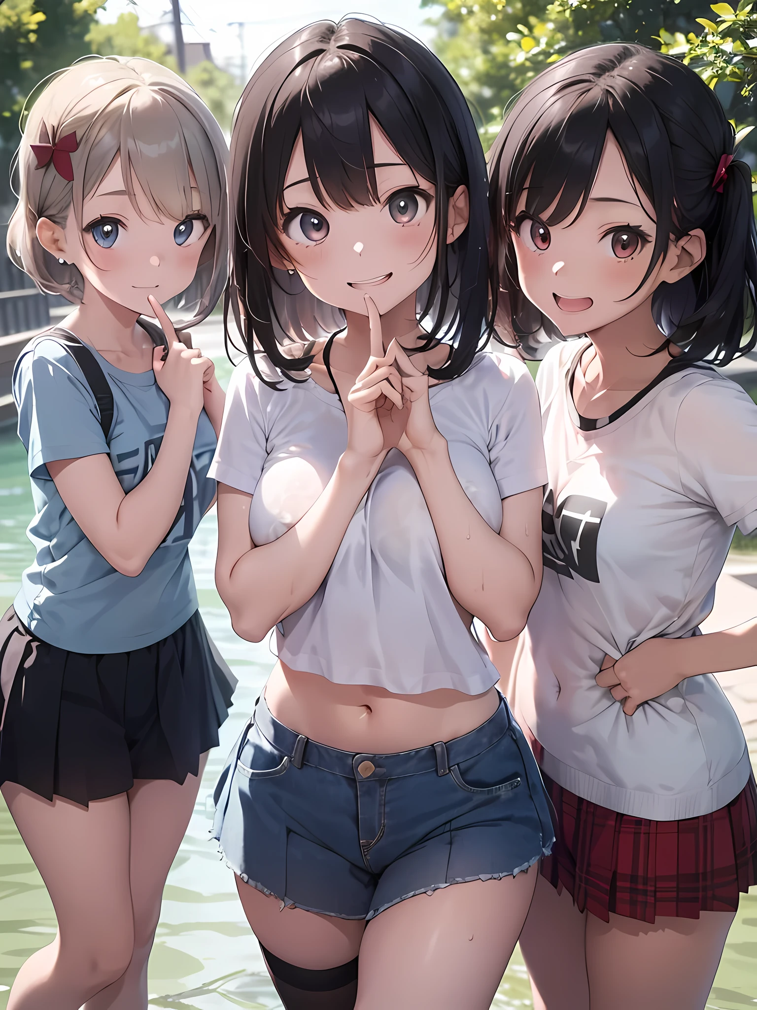 ((highest quality)), ((masterpiece)), (Cute baby girl), (3 girls:1.3), cute three girls are posing for a camera outdoors in the water, shirtをつかむ, Stand in line, (Close-up shot from the knee:1.3), perfect face, smile, (open your mouth and smile:1.3), embarrassed look, (precise fingers:1.3), hair band, head band, hair bobble, blouse, shirt, I can see your underwear, (pastel colored underwear), high resolution eyes, accurate eyes, (high resolution eyes:1.8), (High definition finger 1.8), light smile, small chest, chest, realistic, 4-year-old, 5 years old, 6 years old, 7 years old, knee socks, short skirt, Asian, Westerners, silver hair, brown hair, blonde, belly button, jewelry, looking at the viewer, necklace, water, , Wet, long hair, short hair, abs,