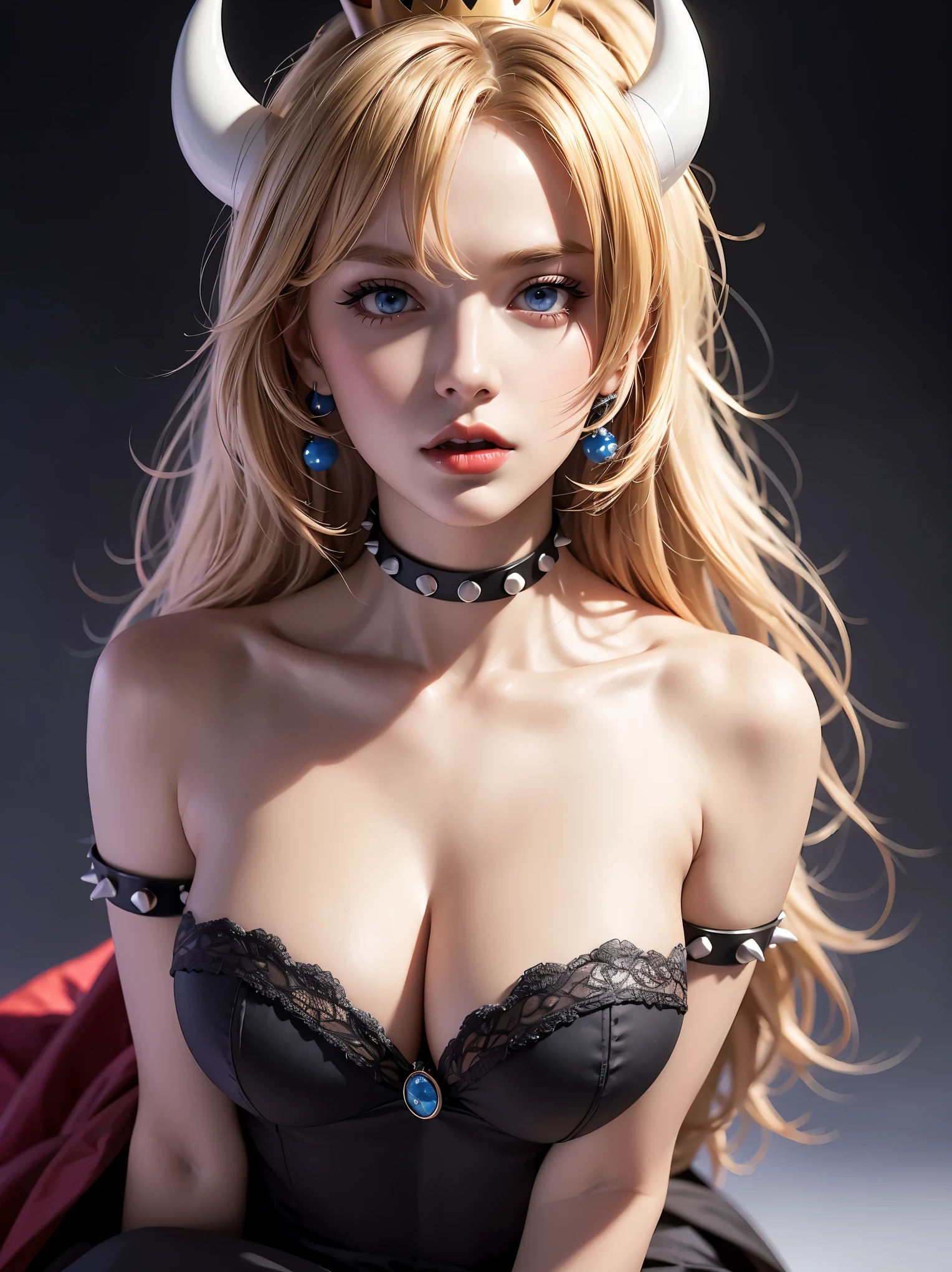 ((high detailed, best quality, 4k, masterpiece, hd:1.3)), ((best quality)), (((HD))), (((8k))), (ultraDH), (ultra HD), Snowy Forest background, snowflake pattern, Princess Daisy, blue eyes, BREAK blue eyes, seductive, attractive, smooth anime cg art, 36C breasts, long legs, vivid colors, detailed digital art, slim body, perfect skin, dark blonde hair, long hair, blonde hair, blonde hair, BREAK crown, cleavage, 36C cleavage, looking at viewer, BREAK looking at viewer, extremely detailed face, red santa suit, red santa claus suit, santa claus suit, earrings, gem, dark black makeup lips, dark gothic eyeshadows, dark eyeshadows, black eyeshadows, black sexy lips, black lips, (dark:1.2), dark lips, very dark lips, (perfect hands, perfect anatomy), black makeup, black medium lips, black thick lips, detailed fingers, five fingers per hand, 5 fingers, (1 girl), detailed lips, detailed black lips, black painted lips, gothic painted lips, BREAK night, night sky, (breast focus), (arms outstreched:1.2), (from above:1.1), (breasts out:1.3), (off shoulder:1.1), (white horns), (bra),