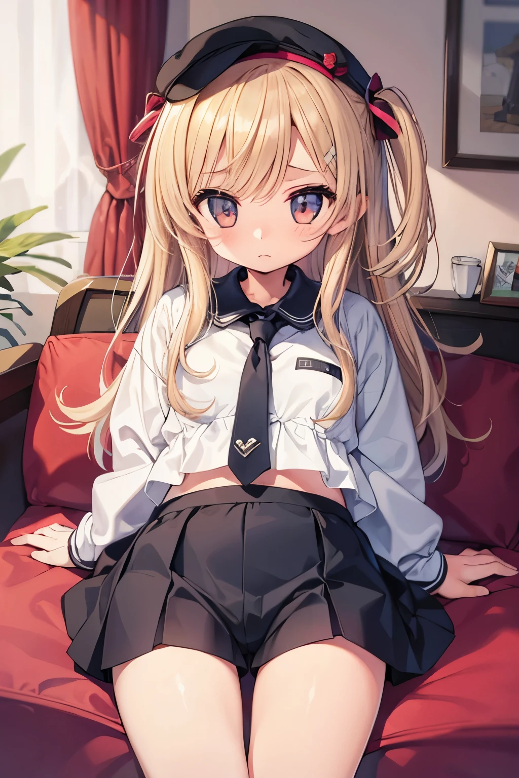 masterpiece:1.5, high quality, anzu futaba, , 1girl, black , black blazer, black mini skirt, brown cardigan, {{tareme:1.4}}, blush, wide-eyed, smile, open mouth, missionary, (((lying, on back))), on bed, ((spread legs)), (from below), upper body, white lace panties, (pussy juice), sweat, flat chest, slim, small hip, (((slim legs))), skinny, slender, camel toe, looking at viewer, panty focus, hands on crotch