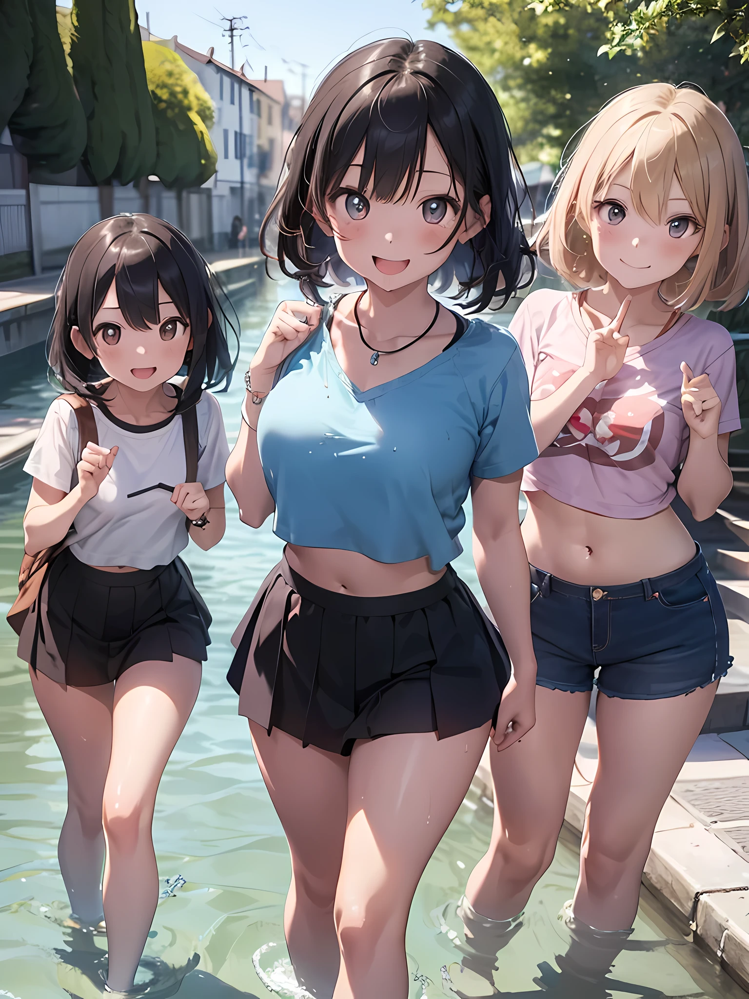 ((highest quality)), ((masterpiece)), (3 girls:1.3), Three cute girls are posing for the camera outdoors underwater, (shirtを持ち上げる:1.3),(The wind flips my skirt:1.3), three people standing in a row, (Close-up shot from the waist up:1.5), (open your mouth and smile:1.3), ray tracing, (bubble butt), bend over, hair band, head band, hair bobble, blouse, shirt, (Hide your nipples with petals), (high resolution eyes:1.5), (High definition finger 1.5), light smile, realistic, Asian, Westerners, silver hair, brown hair, blonde, (belly button), jewelry, looking at the viewer, necklace, small breasts, long hair, short hair, (abs),