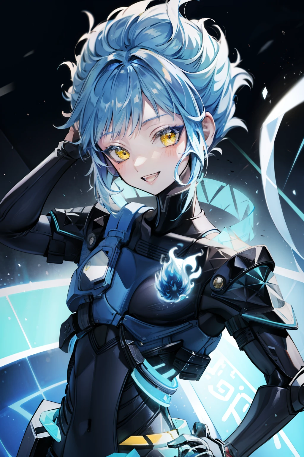 blue fiery hair、short hair、juvenile、1 humanoid、yellow eyes、around blue flames、computer background、smile、High resolution、super detailed