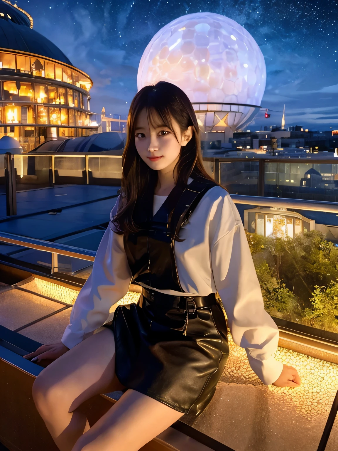 highest quality, masterpiece, very detailed, detailed background, anime, 1 girl, young girl, short girl, Science fiction, SF, outdoors, night, starry sky, greenhouse, huge structure, biodome, Wind景, scenery, horizon, rooftop, sitting on rooftop, Wind, look away, atmosphere lighting, focus only, close, From the side, Depth of the bounds written, Bokeh