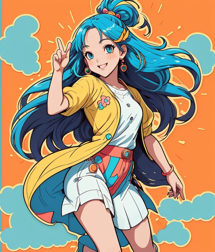 (best quality,highres,ultra-detailed)anime girl,sticker art,shining eyes,long hair,innocent smile,lively pose,colorful background,vibrant colors,detailed clothing,playful expression,sparkling stickers,geometric shapes,soft shading,anime style,digital illustration,creative composition,bold outlines,stylized elements,unique design,contrast in patterns,expressive eyes,subtle highlights,eye-catching accessories,endearing character,cute and charming,artistic expression,dynamic movement,eye-catching composition,vibrant and energetic,playful and whimsical,colored hair,contrast in textures,eye-catching details,cheerful personality,sense of joy,positive vibes,adorable and lively,artistic imagination,visual storytelling,creative and imaginative,input of emotions.